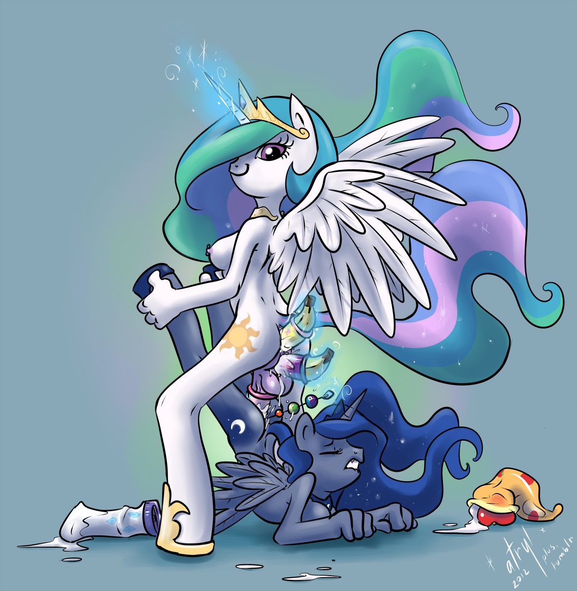 2012 anal anal_beads anal_masturbation anal_penetration anthro anthrofied anus atryl balls banana bodily_fluids breasts condom crossgender crown cum cum_inside cum_while_penetrated cutie_mark digital_media_(artwork) dildo duo e621 equid equine erection feathered_wings feathers female female_penetrated filled_condom food friendship_is_magic fruit genital_fluids genitals hair hasbro headgear herm herm/female herm_penetrating herm_penetrating_female hi_res horn incest_(lore) intersex intersex/female intersex_penetrated intersex_penetrating intersex_penetrating_female jewelry long_hair magic mammal masturbation multicolored_hair my_little_pony mythological_creature mythological_equine mythology necklace nipples nude penetration penis plant princess princess_celestia_(mlp) princess_luna_(mlp) purple_eyes royalty safe_sex sex sex_toy sexual_barrier_device smile tail toying_self vaginal vaginal_fluids vaginal_masturbation vulva wearing_condom winged_unicorn wings