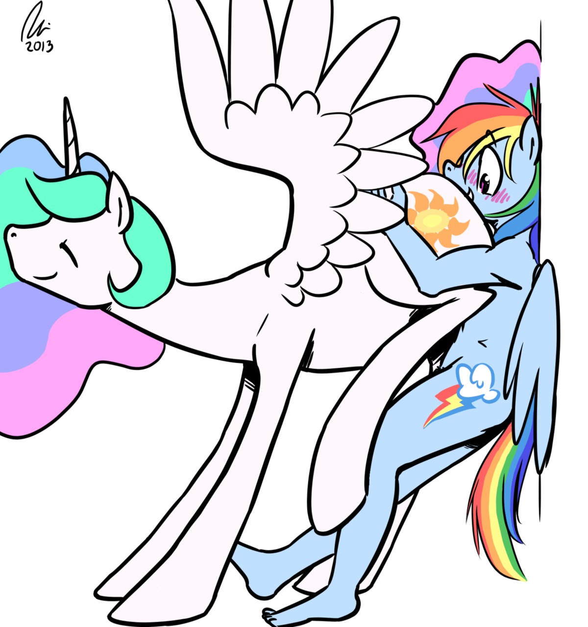 2013 anthro anthro_on_feral anthrofied bestiality blue_body blue_feathers blue_fur blush cutie_mark duo e621 equid equine eyes_closed feathered_wings feathers female feral friendship_is_magic fur hair happy hasbro hi_res horn mammal multicolored_hair multicolored_tail my_little_pony mythological_creature mythological_equine mythology pegasus princess_celestia_(mlp) rainbow_dash_(mlp) rainbow_hair rainbow_tail smile tail themanesex white_body white_fur winged_unicorn wings