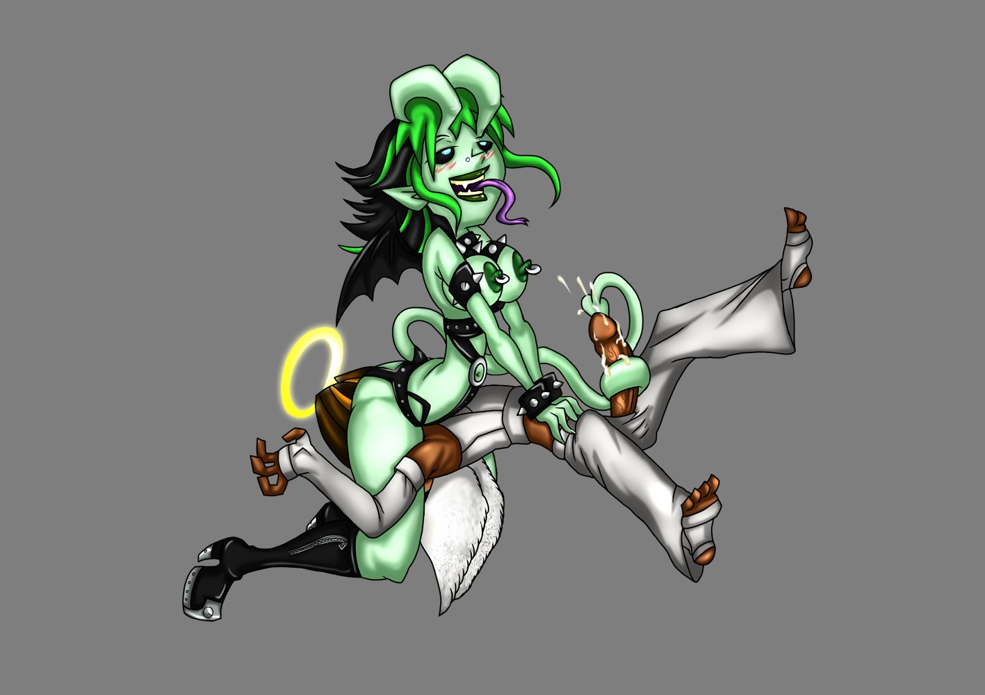 4_fingers angel black_hair boots breasts brown_hair brown_skin color courtney_(tdi) cum demon drago-flame duncan_(tdi) female footwear green_hair green_skin hair horns long_tongue male nipple_piercing nipples open_mouth pants penis piercing pointy_ears rule34 rule_63 side_view spade_tail tail tongue tongue_out total_drama_island transparent_background wings