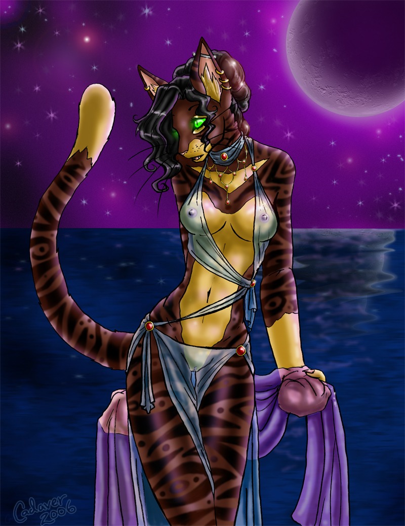 2006 anthro bast black_hair breasts cadaver_love clothing curvy_figure deity detailed_background domestic_cat e621 ear_piercing egyptian egyptian_mythology felid feline felis female full_moon gem genitals glowing glowing_eyes gold_(metal) green_eyes hair hourglass_figure industrial_piercing jewelry long_torso mammal markings middle_eastern_mythology moon mythology navel night nipples outside piercing sea serpentine sky slim small_waist solo star starry_sky stripes tail thigh_gap translucent translucent_clothing vulva water