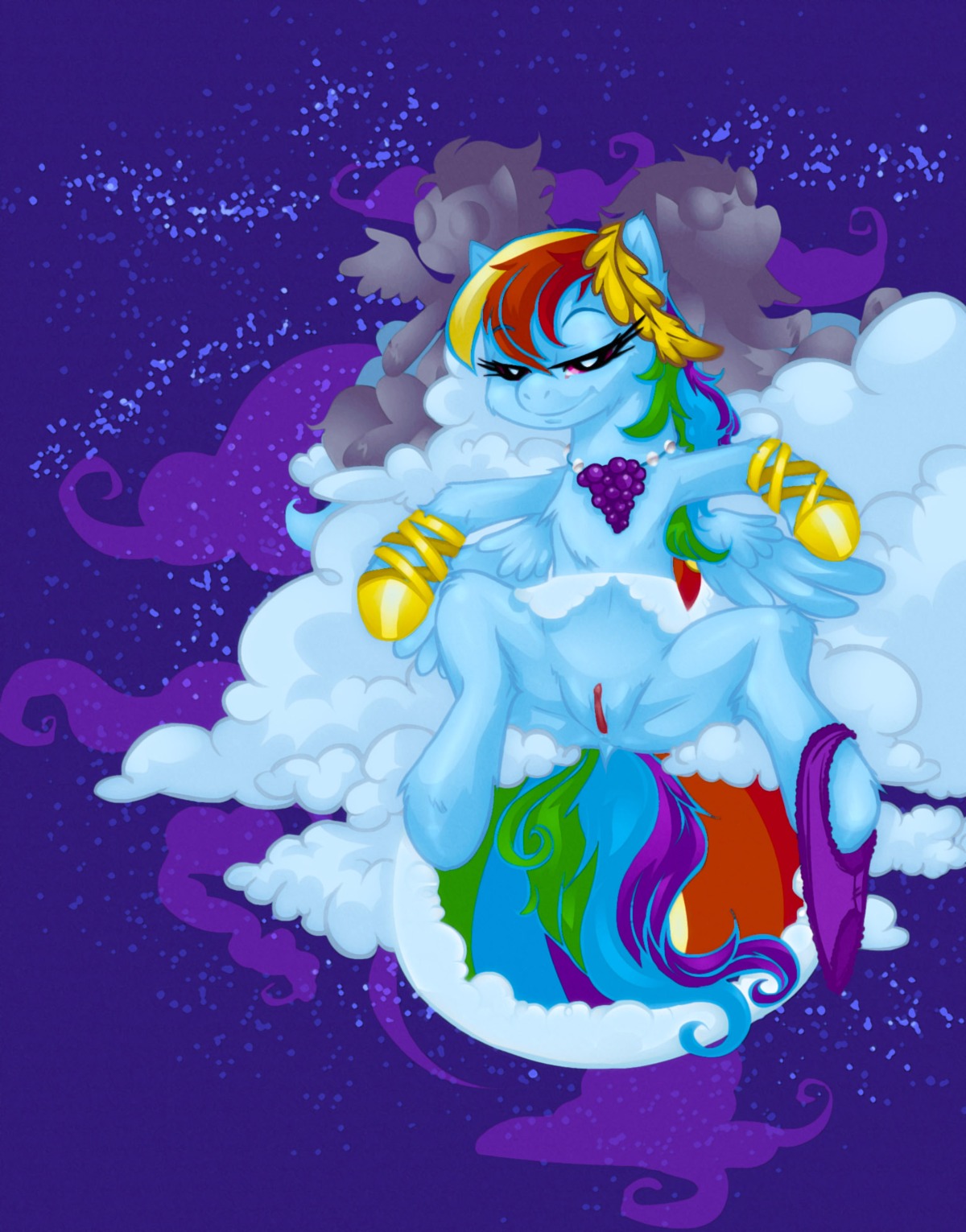 anus blue_body blue_feathers blue_fur bottomless buttercup_saiyan clothed clothing cloud e621 equid equine feathered_wings feathers female feral food friendship_is_magic fruit fur genitals grape hair hasbro hi_res looking_at_viewer mammal multicolored_hair my_little_pony mythological_creature mythological_equine mythology panties pegasus pink_eyes plant quadruped rainbow_dash_(mlp) rainbow_hair solo tail underwear vulva wings