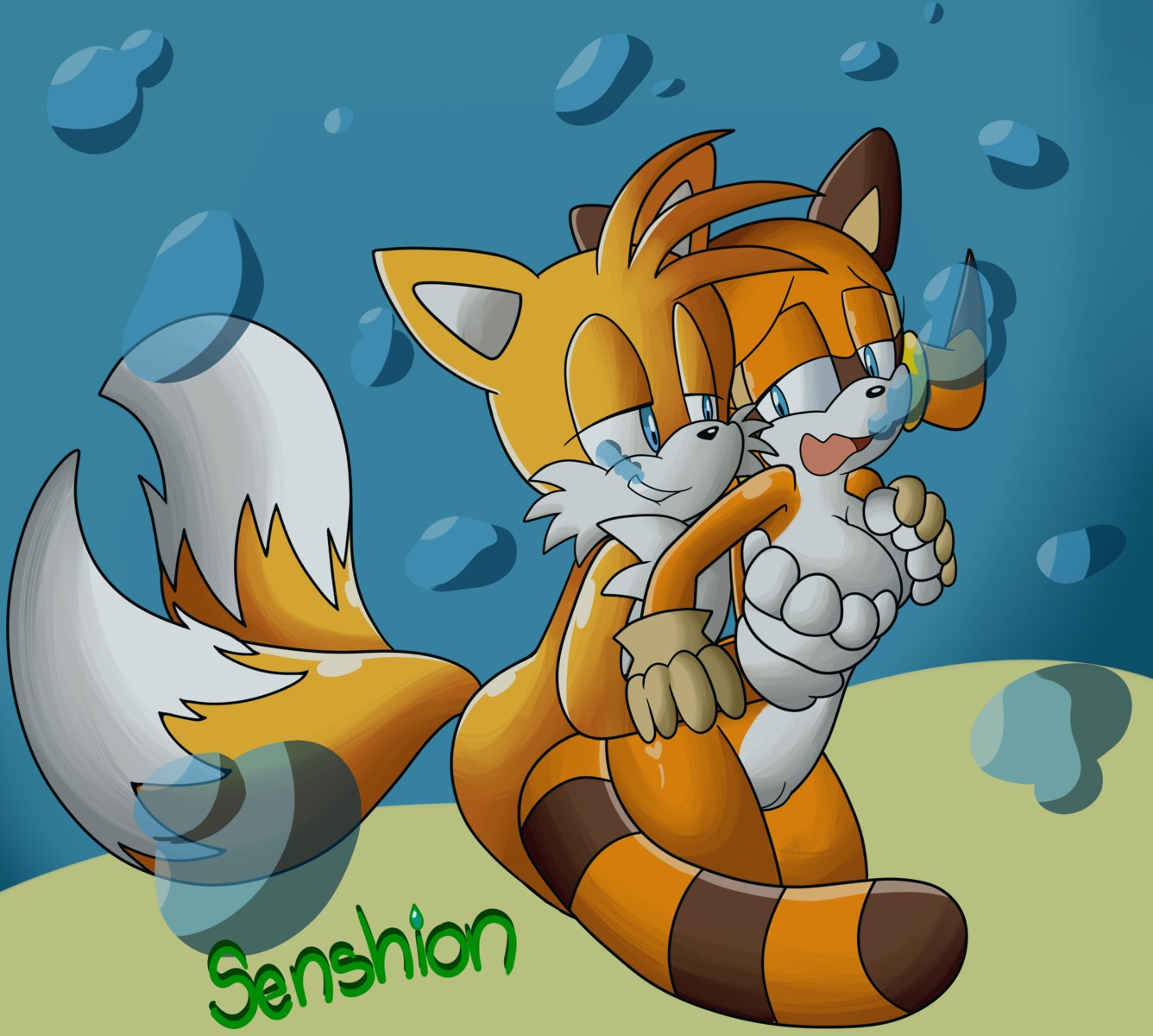 absurd_res anthro breast_grab breasts bubble canid canine duo e621 female fox fox_tail genitals hand_on_breast hi_res mammal marine_the_raccoon miles_prower multi_tail procyonid raccoon sega senshion sonic_the_hedgehog_(series) tail underwater vulva water