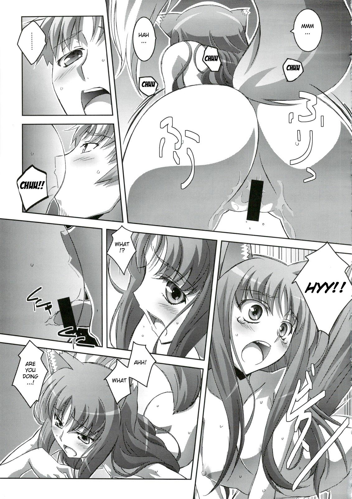 2008 animal_humanoid bodily_fluids breasts canid canid_humanoid canine canine_humanoid canis censor_bar censored comic cunnilingus dialogue duo e621 english_text female genitals greyscale hi_res holo_(spice_and_wolf) human humanoid ineffective_censorship izumi_mahiru kraft_lawrence licking male male/female mammal mammal_humanoid monochrome nipples oral sex spice_and_wolf sweat tail text tongue tongue_out translucent translucent_body vaginal vulva wolf wolf_humanoid