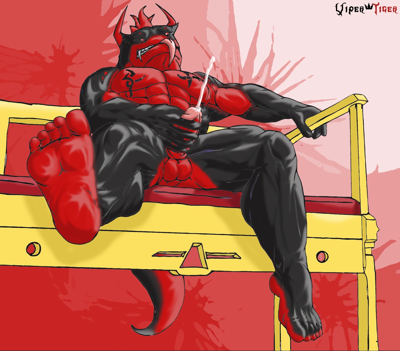 5_toes abs anthro athletic balls biceps big_balls big_muscles biped black_body black_skin bodily_fluids cum cumshot darkviperbara demon drogonar e621 ejaculation erection fangs feet foot_focus genital_fluids genitals hair horn humanoid_feet humanoid_genitalia humanoid_penis looking_at_viewer male masturbation muscular muscular_anthro muscular_male nipples nude orgasm pecs penile penile_masturbation penis plantigrade pose red_body red_hair red_skin scales sitting solo spread_legs spreading tail tattoo teeth toes tongue