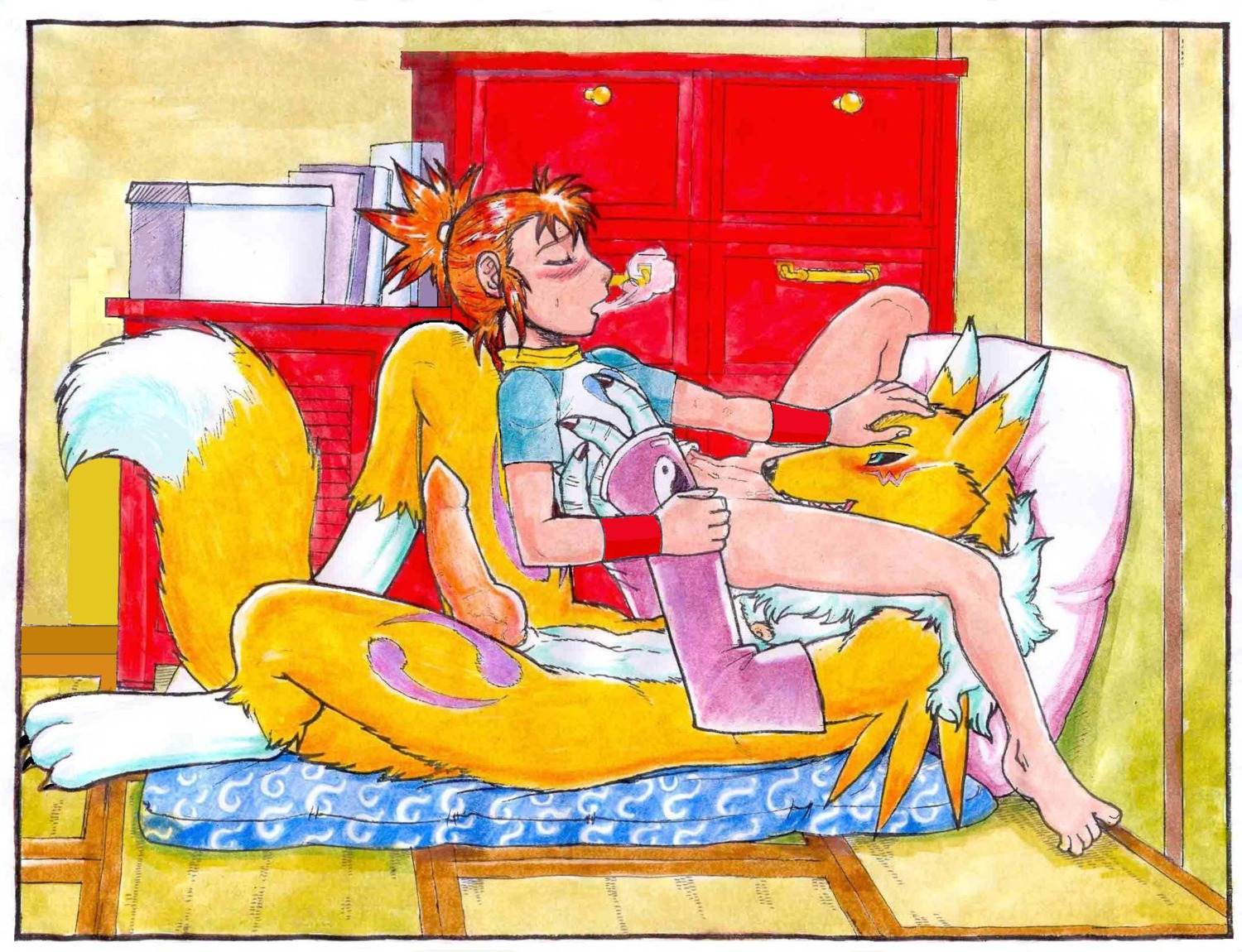 1boy 1girls anthro anthro_male_on_human_female anthro_on_human bed blush canid canine claws clothing cunnilingus digimon digiphilia female female_human female_human/male_anthro fox fur furry futon gauntlets human interspecies knot knotted_penis male male/female male_anthro male_anthro/female_human male_digimon male_digimon/female_human male_renamon mariano nude oral oral_sex penis pillow pussy renamon rika_nonaka rule34 sex straight tail teenager vaginal_penetration wristband young
