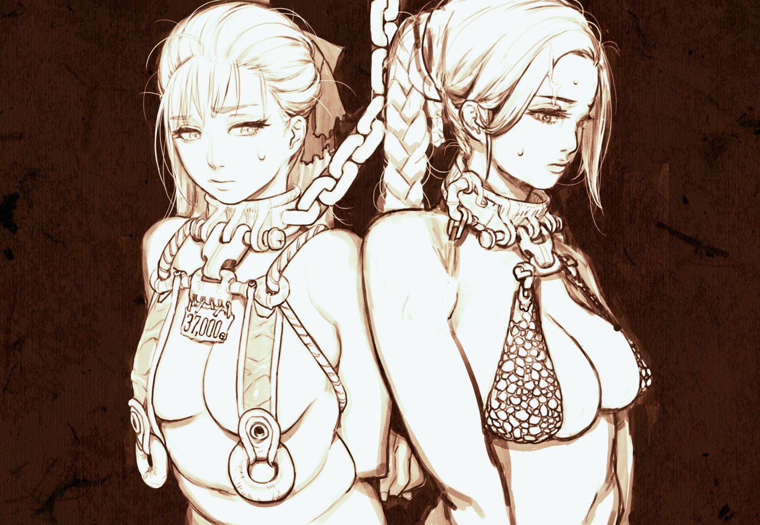 2girls auction bianca_whitaker bondage breasts captured chains chubby clothing collar dragon_quest dragon_quest_v female femsub flora_(dragon_quest) for_sale high_resolution looking_at_viewer mama_(artist) medium_breasts monochrome multiple_females multiple_girls multiple_subs nera_briscoletti plump price price_tag rule34 sale slave small_breasts