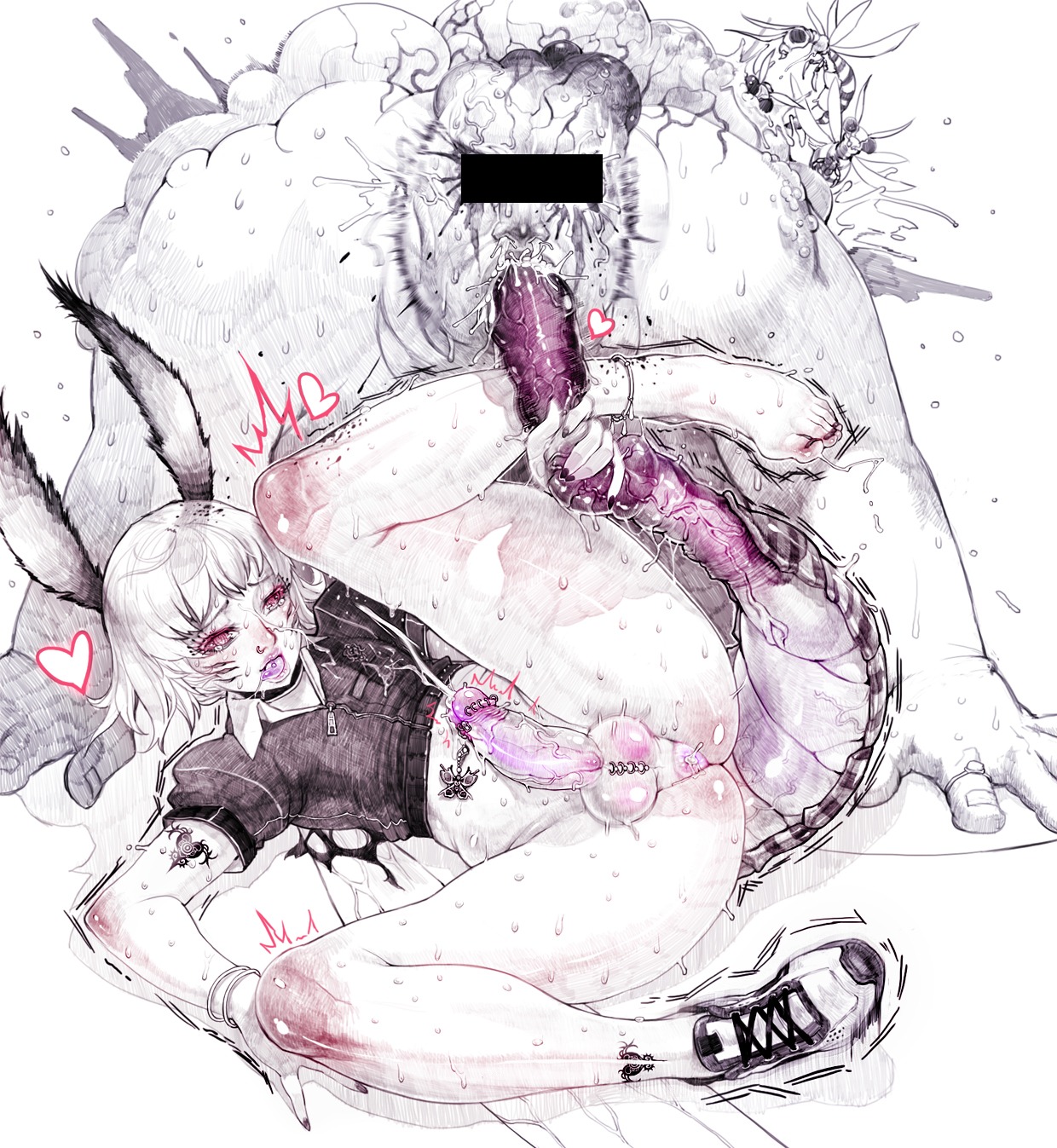 2d animal_ear antennae anus ass bee blood bottomless censored cum fat_male feet female femboy heart highres identity_censor insect_girl jeffr legs male male/male male_only male_penetrating monochrome nail_polish navel_piercing original original_characters penis penis_piercing piercing rule34 short_hair single_shoe sweat tagme tattoo tongue_piercing trap wasp yaoi