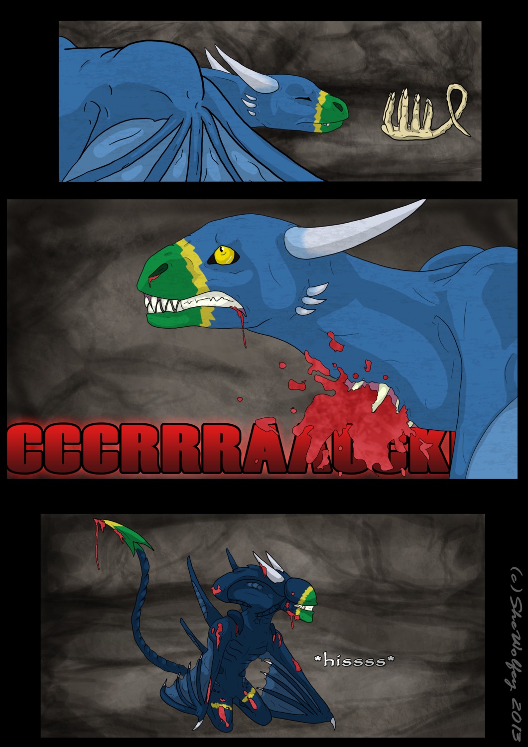 2013 absurd_res alien alien_(franchise) ambiguous_gender artist_name bellyburster_(alien_vs._predator) birth blood bodily_fluids bursting burstpreg chestburster comic death dragon duo e621 european_mythology facehugger gore hi_res horn host membrane_(anatomy) membranous_wings mythological_creature mythological_scalie mythology pain saliva scalie shewolfey sound_effects tail text viper_(cdsowden85) western_dragon wings wyvern xenomorph xero_(shewolfey)