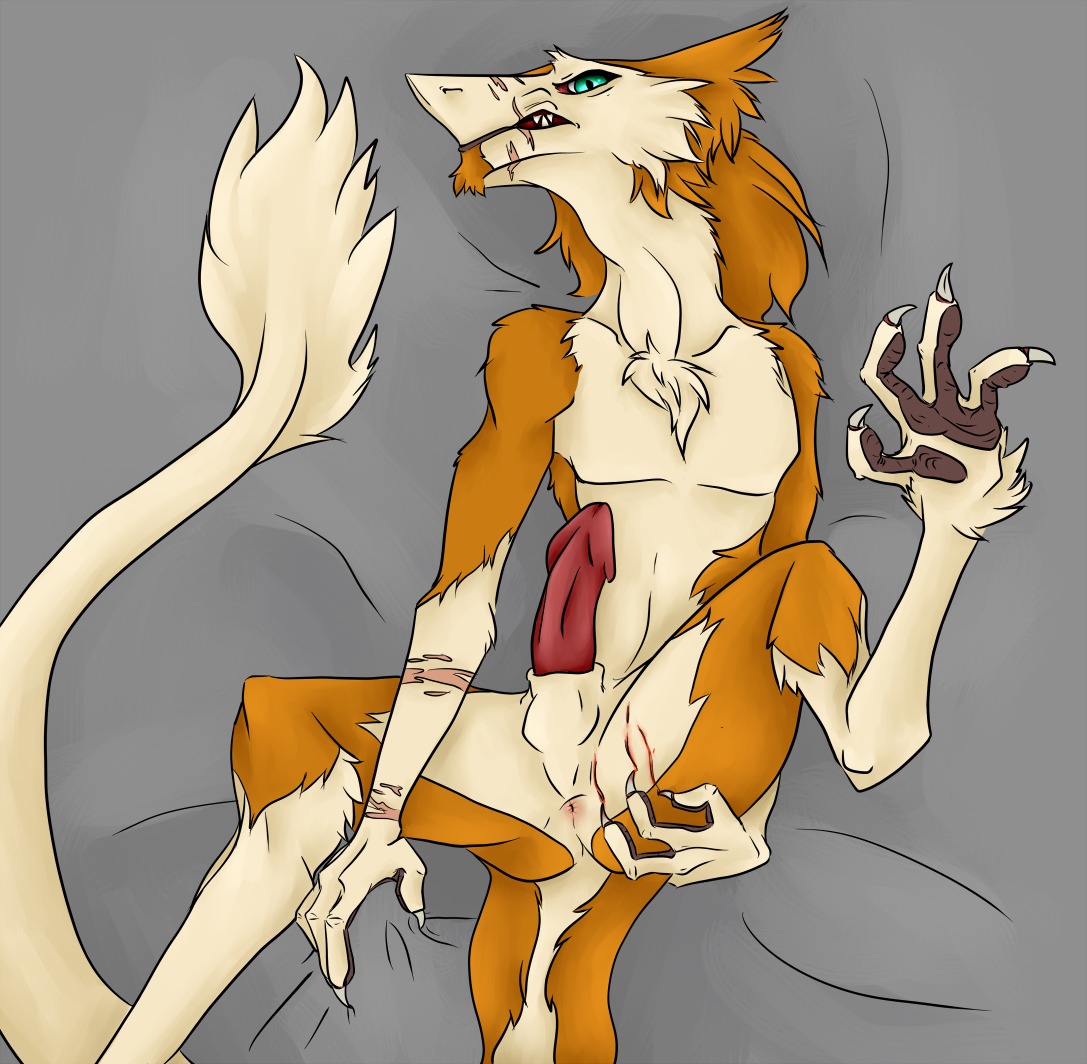 alexandrew anthro anus blood blue_eyes bodily_fluids butt claws e621 erection feet genitals hindpaw looking_at_viewer lovar lying male mammal nude on_back paws penis presenting presenting_hindquarters scar sergal solo southern spread_legs spreading tail