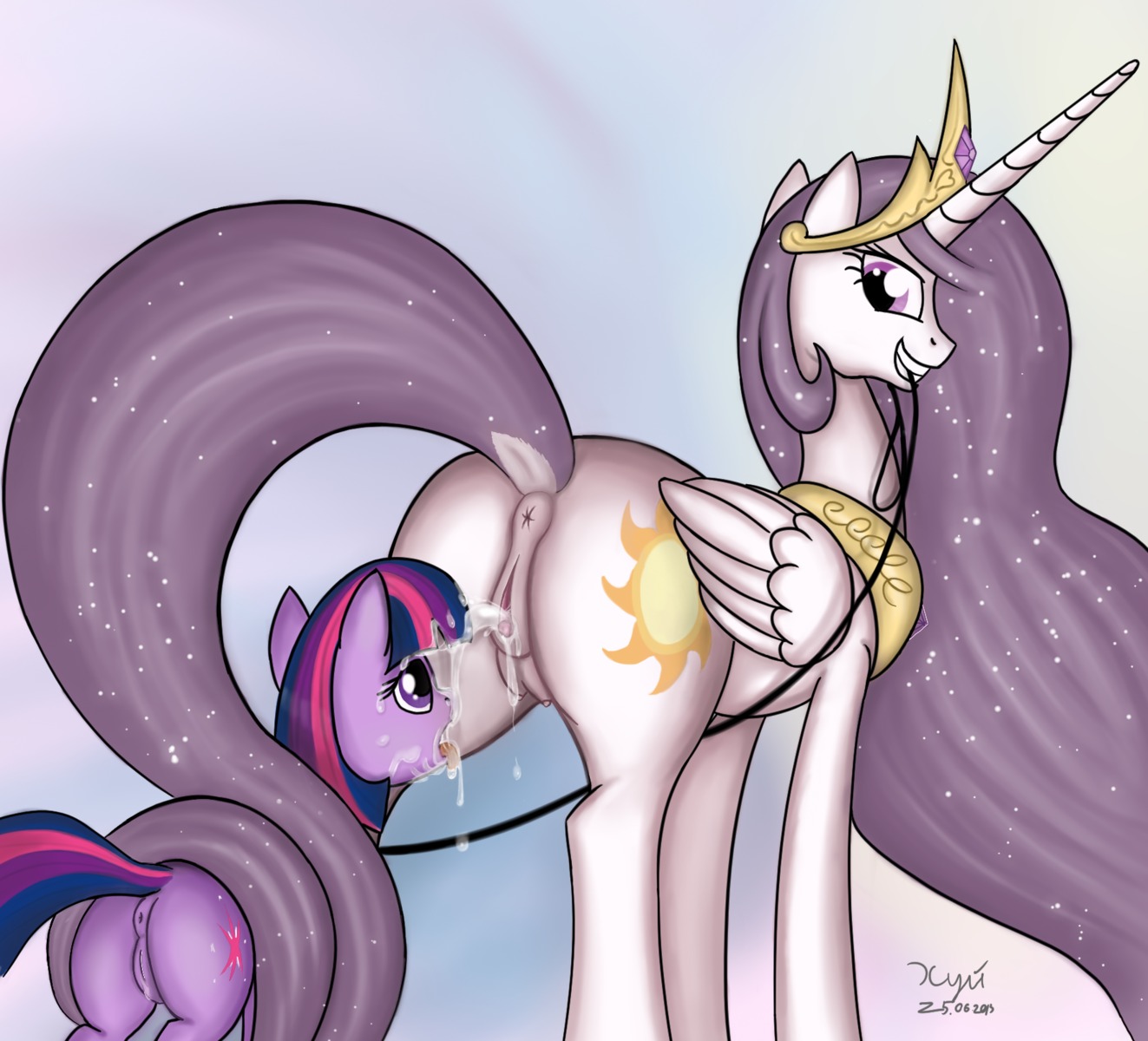 2013 animal_genitalia animal_vulva anus bodily_fluids clitoris crown cum cum_on_face cutie_mark dock_(anatomy) dominant dominant_female duo e621 equid equine equine_genitalia equine_vulva fan_character feathered_wings feathers female female/female feral feral_on_feral friendship_is_magic fur genital_fluids genitals grin hair hasbro headgear hi_res holding_leash holding_object horn leash looking_back mammal messy multicolored_hair my_little_pony mythological_creature mythological_equine mythology open_mouth princess_celestia_(mlp) princess_molestia purple_body purple_eyes purple_fur purple_hair rear_view simple_background smile submissive submissive_female tail teats third-party_edit tongue tongue_out twilight_sparkle_(mlp) two_tone_hair unicorn vaginal_fluids vulva winged_unicorn wings xyi