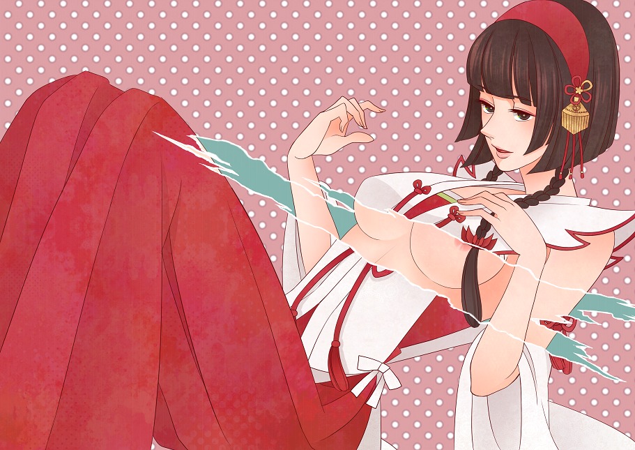 1girls black_eyes black_hair braid breasts detached_sleeves female hairband hakama inahachi japanese_clothes long_hair nipple_slip nipples okuni rule34 sengoku_musou single_braid solo underboob
