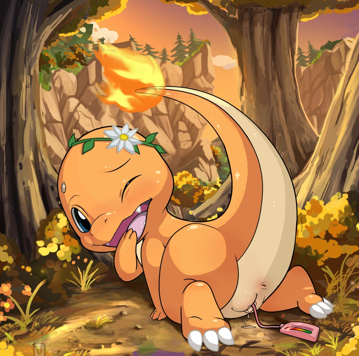 2011 absurd_res all_fours anus belly blue_eyes blush bodily_fluids butt charmander claws conditional_dnp detailed_background e621 fangs feet female feral fire flaming_tail forest generation_1_pokemon genital_fluids genitals hi_res hindpaw looking_at_viewer looking_back nature nintendo one_eye_closed open_mouth orange_body orange_skin outside paws penetration plant pokemon pokemon_(species) presenting presenting_hindquarters raised_tail scalie sex_toy sky smile solo sweat tail teeth tongue tree tricksta vaginal vaginal_fluids vibrator vulva white_belly wood