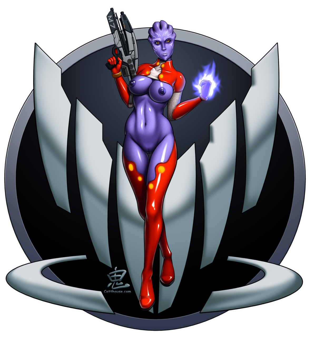 1girls alien alien_girl asari big_breasts breasts catthouse_studios collarbone curvy exposed_breasts exposed_pussy female female_only gun head_crest hourglass_figure humanoid jumpsuit labia mass_effect mostly_clothed navel oni_(artist) purple_nipples purple_skin pussy red_clothing rule34 smirk solo tevos thigh_boots thigh_gap thighhighs vulva yellow_eyes