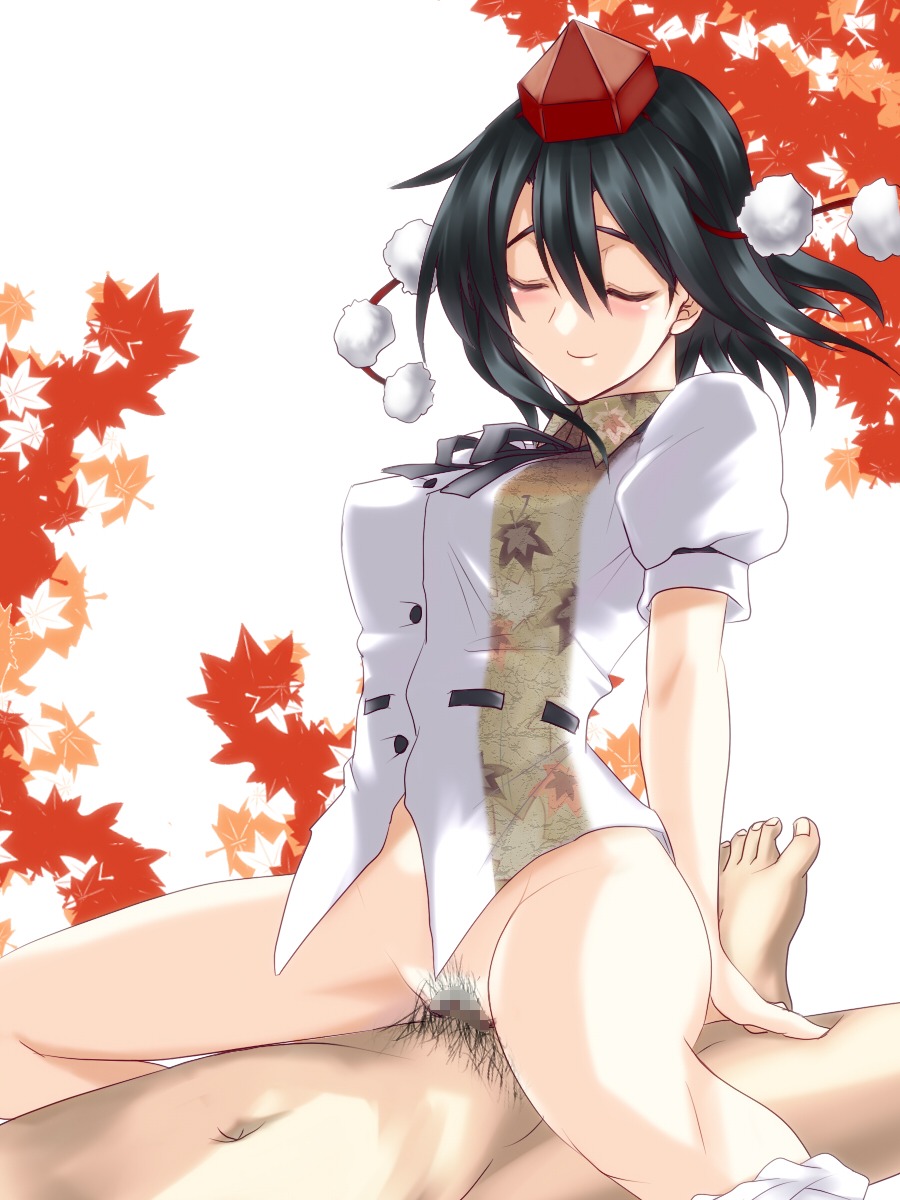 assertive black_hair blush bottomless censored closed_eyes clothed_sex cowgirl_position female happy happy_sex hat highres leaf mosaic_censoring panties panties_around_leg panties_around_one_leg pubic_hair rule34 sex shameimaru_aya short_hair silve sitting smile solo straddle tokin_hat touhou underwear wide_hips