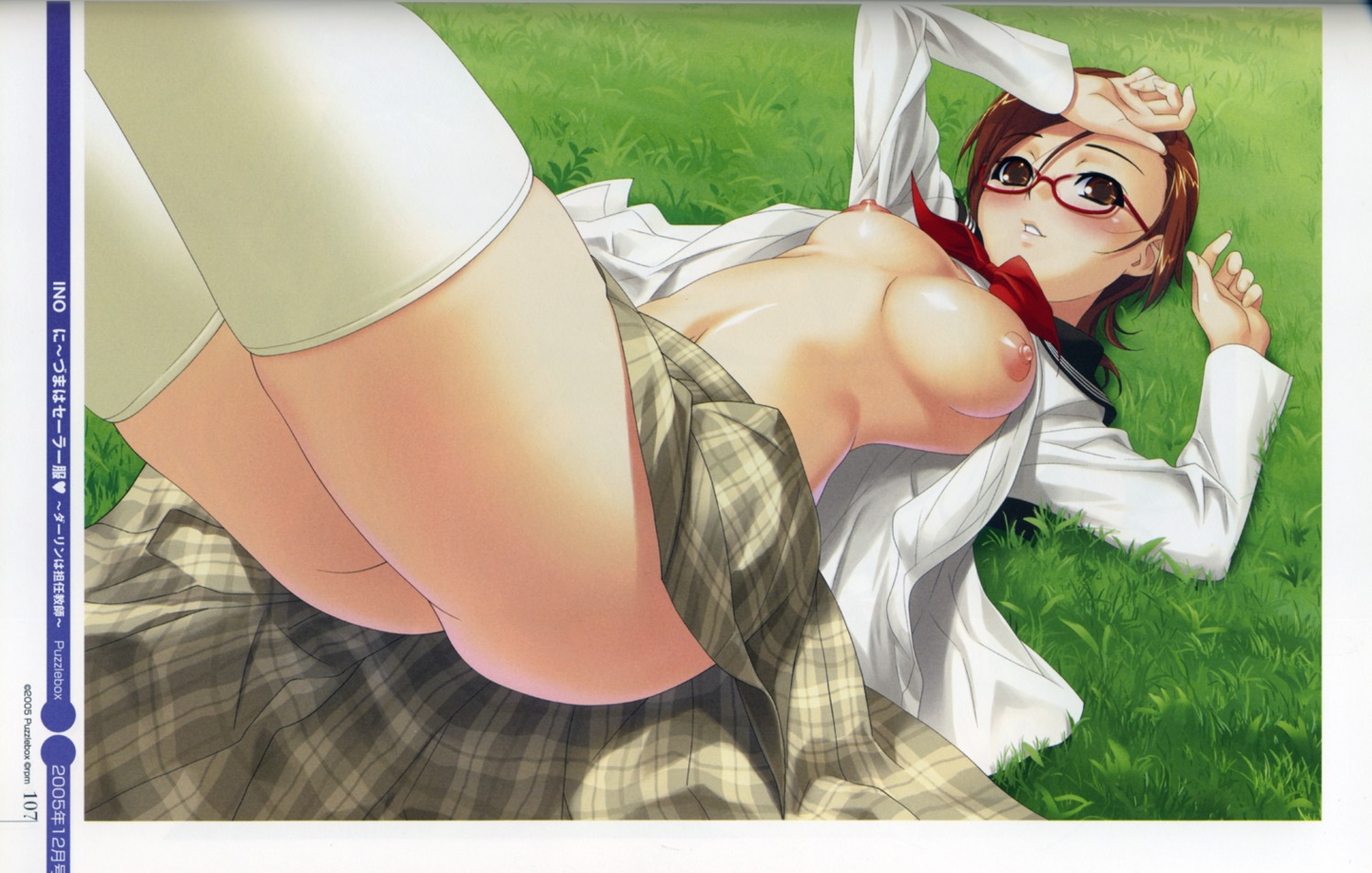 1girls ass blush breasts brown_eyes brown_hair female glasses grass highres ino lying morishige_misora niizuma_wa_serafuku nipples no_panties on_back open_clothes open_shirt plaid rule34 scan school_uniform seifuku serafuku shirt short_hair skirt solo tartan thighhighs uniform upskirt wallpaper white_legwear white_thighhighs