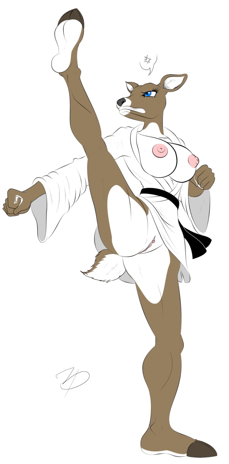 2011 2_toes action_pose angry anthro barefoot belt big_breasts biped black_belt black_nose blue_eyes bottomless breasts brown_body brown_fur clenched_teeth clitoris clothed clothing cloven_hooves conditional_dnp deer digital_drawing_(artwork) digital_media_(artwork) e621 feet female fight flexible fur genitals growling hi_res hindpaw hooved_plantigrade hooved_toes hooves huge_breasts karate keikogi kick mammal martial_arts_uniform nipples one_leg_up paws plantigrade pose raised_leg signature simple_background soles solo splits sportswear spread_legs spreading standing teeth toes underhoof upskirt vertical_splits vulva wardrobe_malfunction white_background white_body white_fur zp92
