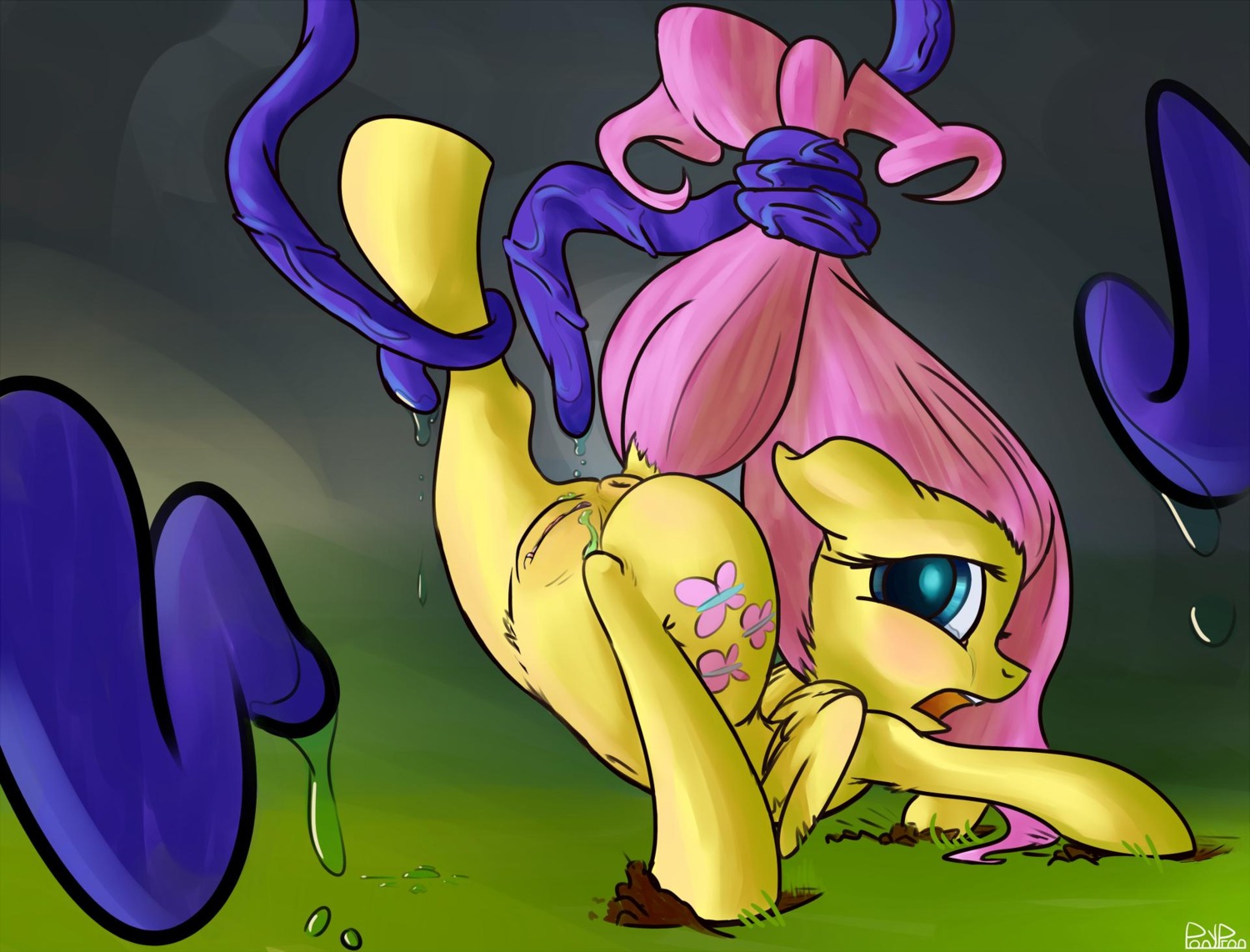 2013 anus ass_up blush bodily_fluids butt e621 equid equine feathered_wings feathers female feral fluttershy_(mlp) forced friendship_is_magic fur genitals green_eyes hair hasbro hi_res imminent_rape imminent_sex looking_back mammal my_little_pony mythological_creature mythological_equine mythology open_mouth pegasus pink_hair ponypron pulling_hair signature solo tail tail_pull tears tentacles touching_hair vulva wings yellow_body yellow_feathers yellow_fur