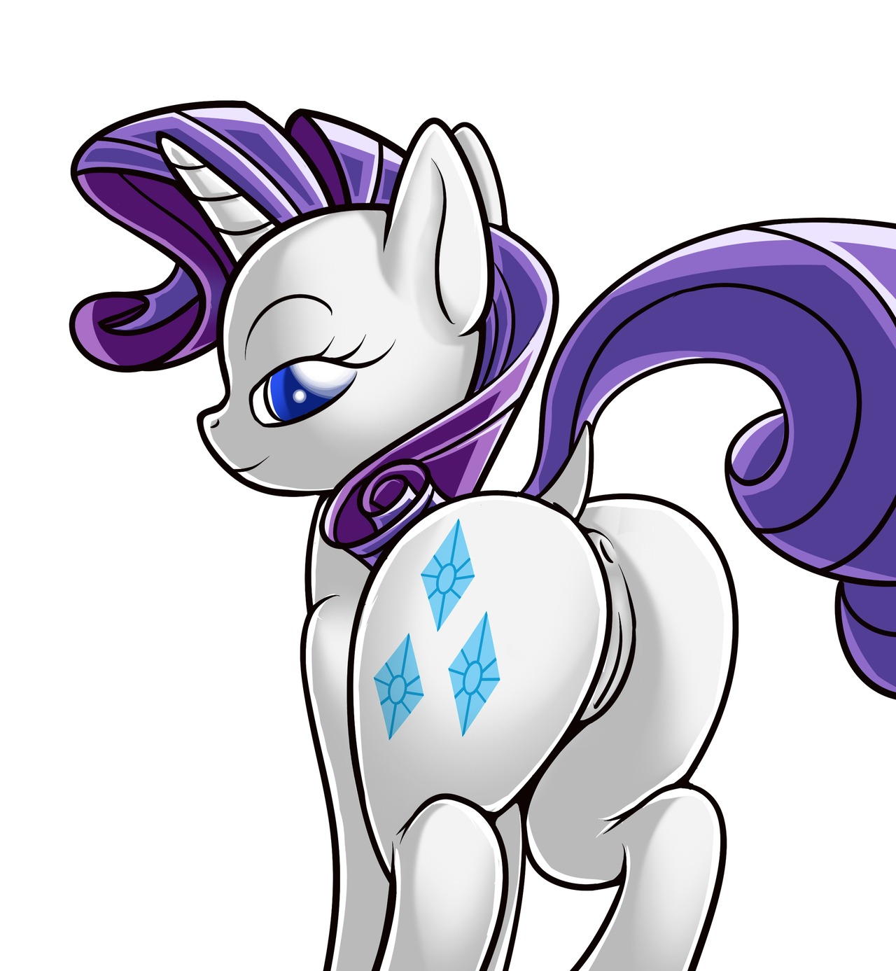 2012 all_fours anus blue_eyes butt cutie_mark e621 equid equine eyelashes female feral friendship_is_magic fur genitals grispinne hair happy hasbro hi_res horn looking_at_viewer looking_back mammal my_little_pony mythological_creature mythological_equine mythology naughty_face nude presenting presenting_hindquarters purple_hair raised_tail rarity_(mlp) rear_view simple_background smile solo tail unicorn vulva white_background white_body white_fur