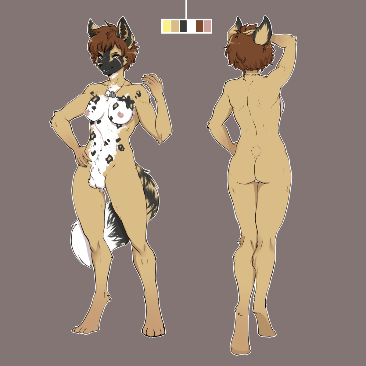 1:1 4_toes 5_fingers african african_wild_dog animal_genitalia annily anthro balls biped breasts brown_hair canid canine cel_shading dog_tags e621 feet fingers fully_sheathed fur genitals grin gynomorph hair hi_res humanoid_hands intersex mammal model_sheet nipples piercing pose sammy_brooker_(character) scar shaded sheath smile solo spots tan_body tan_fur toes yellow_eyes