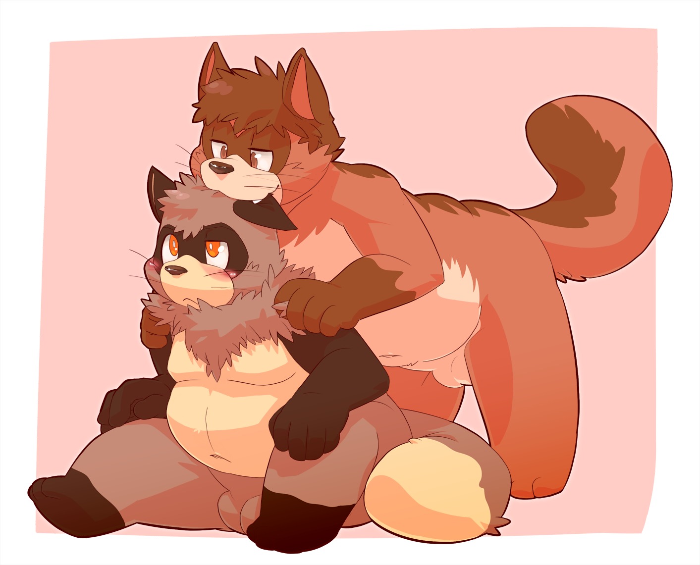 2011 5_fingers anthro balls biped bite blush canid canine duo e621 ear_bite featureless_crotch fingers franook gazpacho genitals male male/male mammal nude overweight raccoon_dog standalone_balls tail tanuki