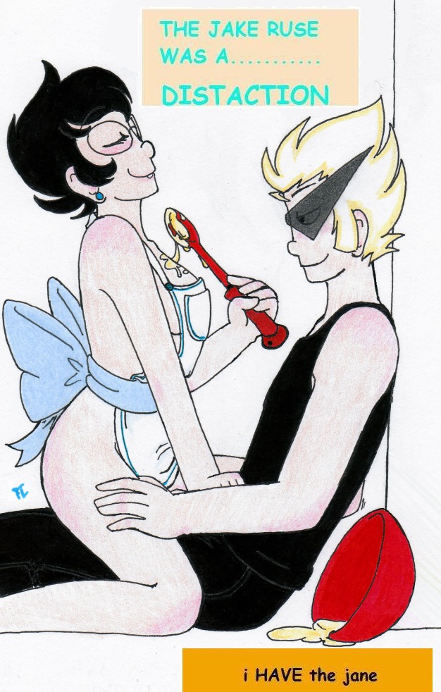 1boy 1girls ambiguous_penetration apron ass black_hair blonde_hair bowl closed_eyes clothing dirk_strider female glasses homestuck jane_crocker male ms_paint_adventures pandemoniumincarnate rule34 short_hair smile source_request spoon straight sunglasses tank_top text white_background white_skin