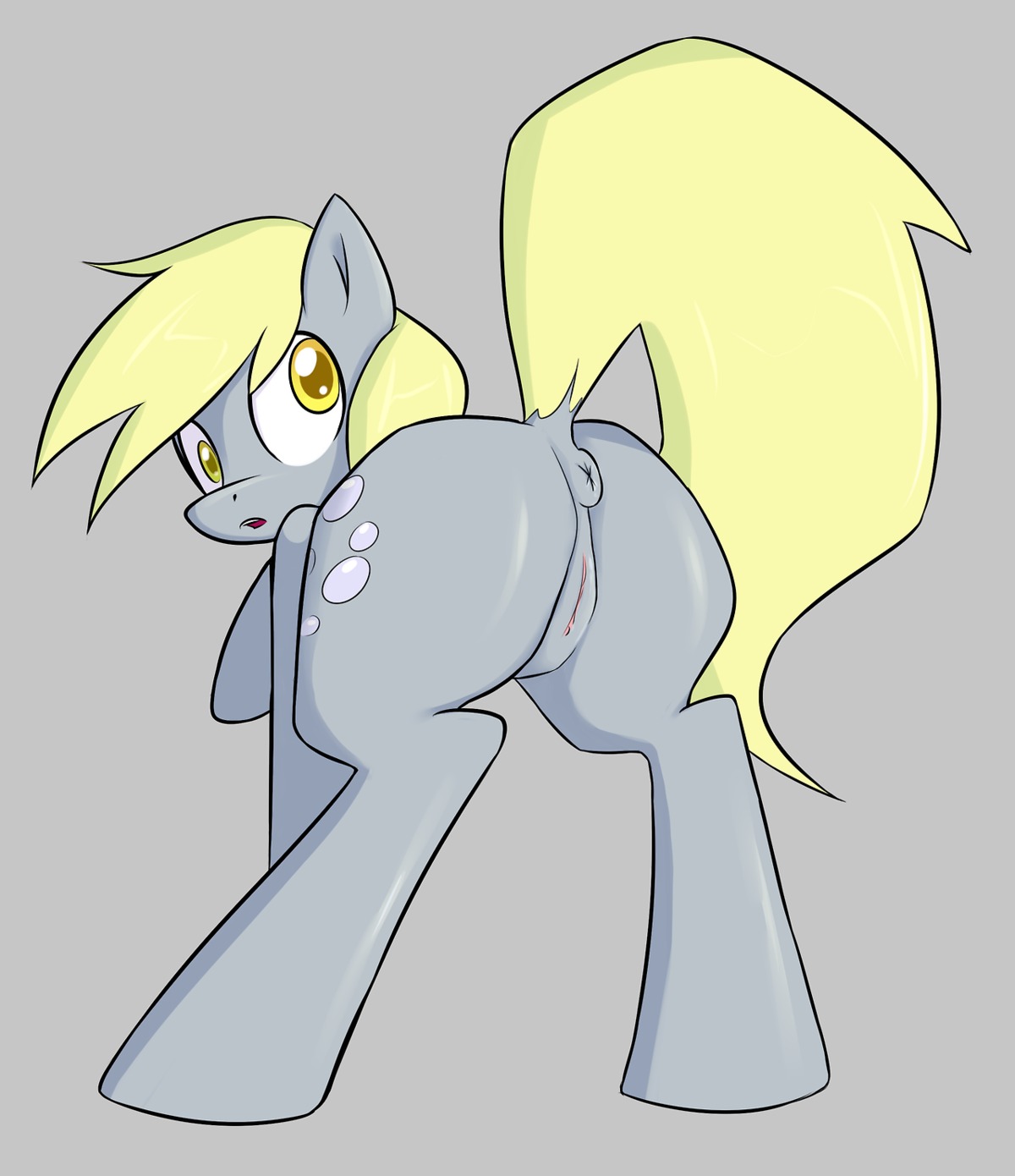 2013 anus blonde_hair butt cutie_mark derpy_hooves_(mlp) dock_(anatomy) e621 equid equine female feral friendship_is_magic genitals hair hasbro hi_res horse looking_at_viewer looking_back mammal miketheuser my_little_pony nude open_mouth pony presenting presenting_hindquarters simple_background solo tail vulva white_background yellow_eyes