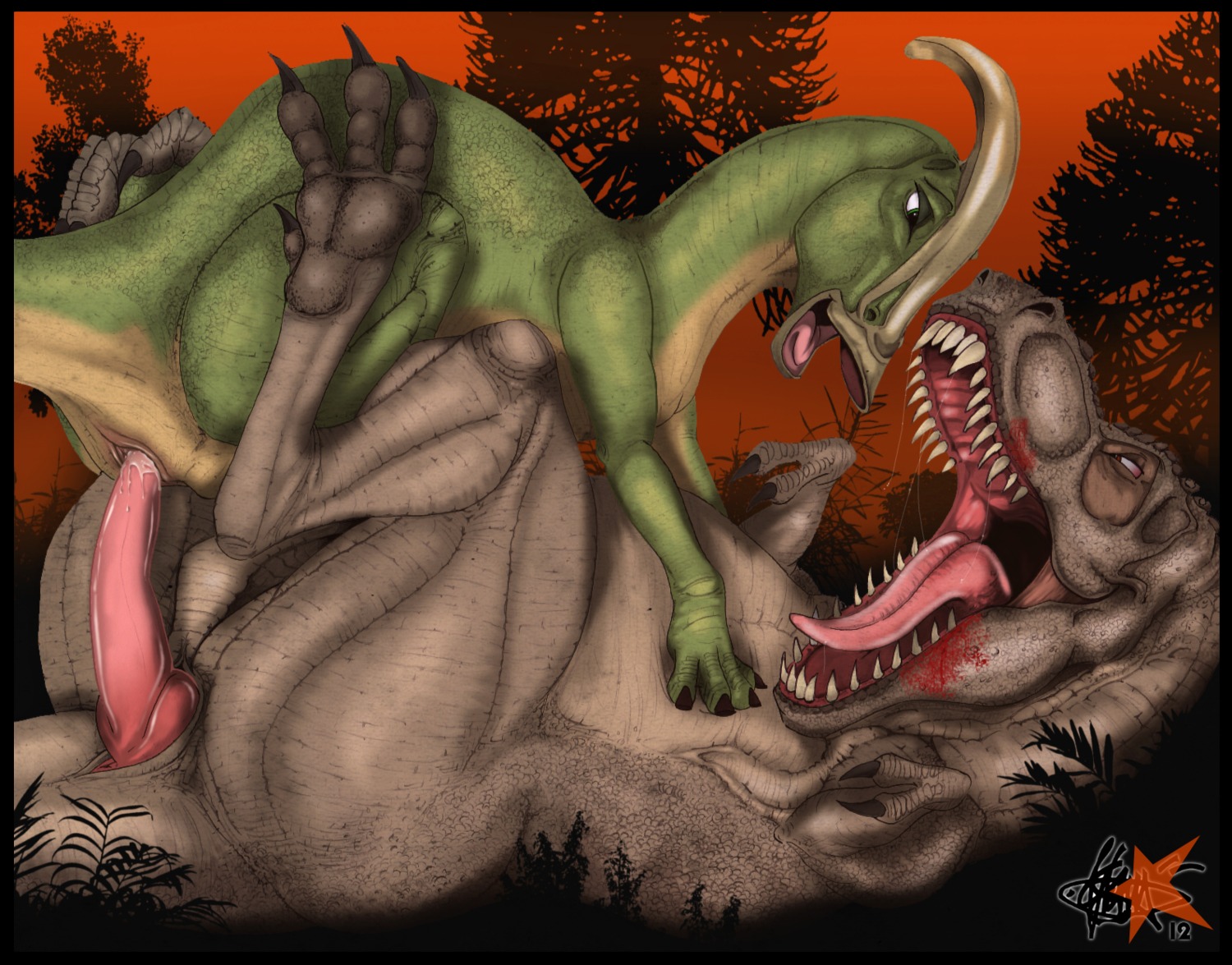 2012 animal_genitalia blood bodily_fluids claws cloaca cloacal cloacal_penetration cloacal_penis dinosaur duo e621 erection fangs female female_on_top female_penetrated feral feral_on_feral feral_penetrated feral_penetrating feral_penetrating_feral from_front_position genitals hadrosaurid interspecies klaus_doberman lying male male/female male_on_bottom male_penetrating male_penetrating_female nude on_back on_bottom on_top open_mouth ornithischian ornithopod parasaurolophus penetration penis pink_penis pink_tongue plant predator/prey prehistoric_species reptile reverse_missionary_position saliva saliva_string saurischian scalie sex sharp_teeth tail teeth theropod tongue tree tyrannosaurid tyrannosauroid tyrannosaurus tyrannosaurus_rex vertical_cloaca