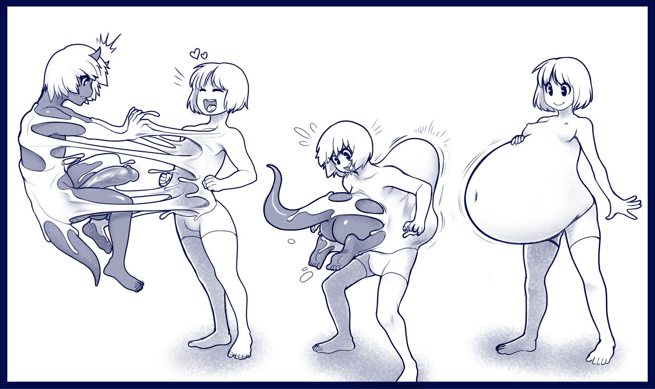 absorption_vore ami_dixie belly big_belly blue_and_white bodily_fluids comic cum curled_up demon duo e621 female forced genital_fluids genitals goo_creature half-erect head_first heart_symbol horn humanoid humanoid_genitalia humanoid_penis male male/female mammal modeseven monochrome not_furry penis simple_background standing tail vore white_background