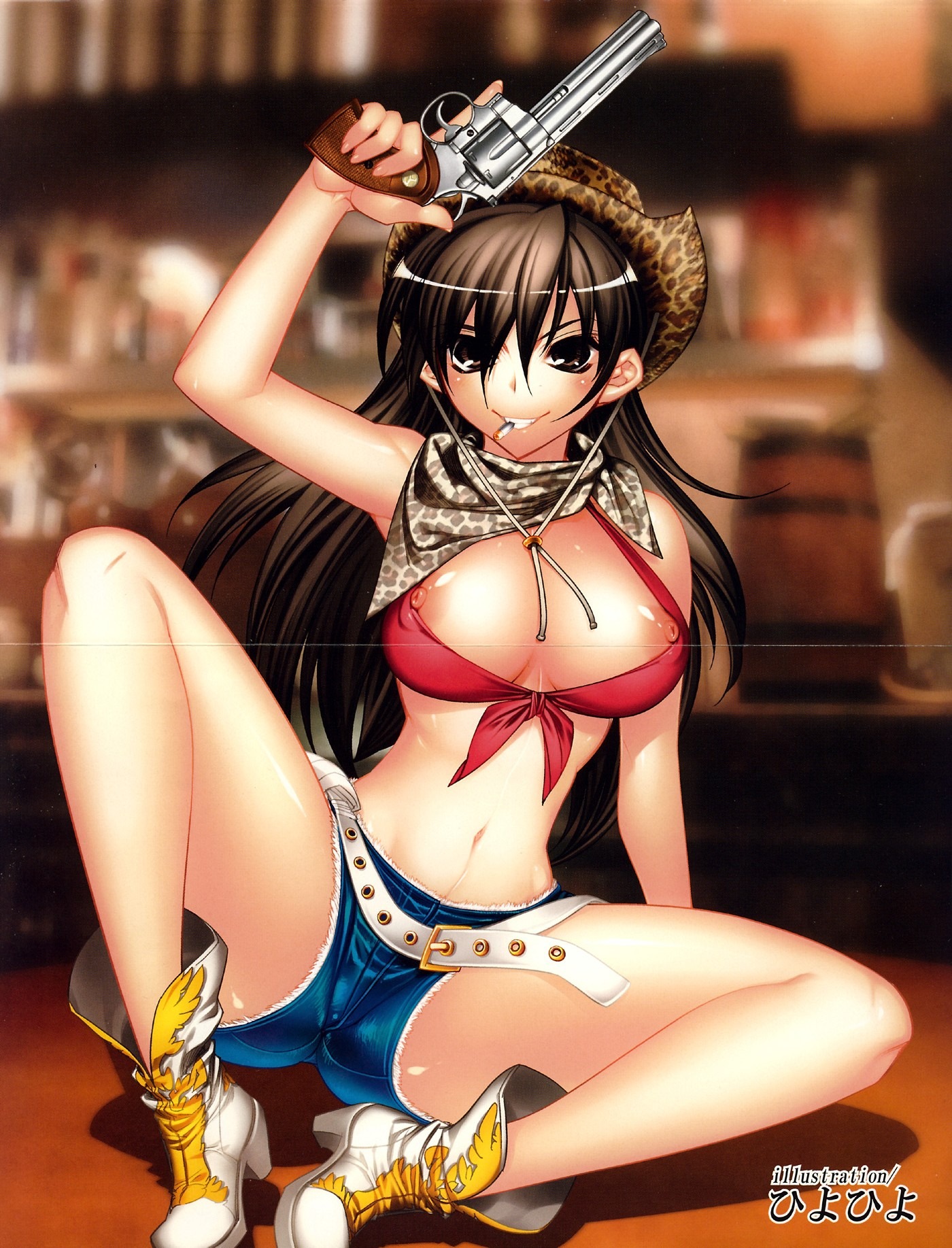 bandana bar belt bikini_top breasts brown_eyes brown_hair cigarette comic_moemax cowboy_boots cowboy_hat female firearm gun handgun hat highres hiyohiyo large_breasts long_hair nipples revolver rule34 scan scan_artifacts short_shorts shorts smile spread_legs table teeth weapon