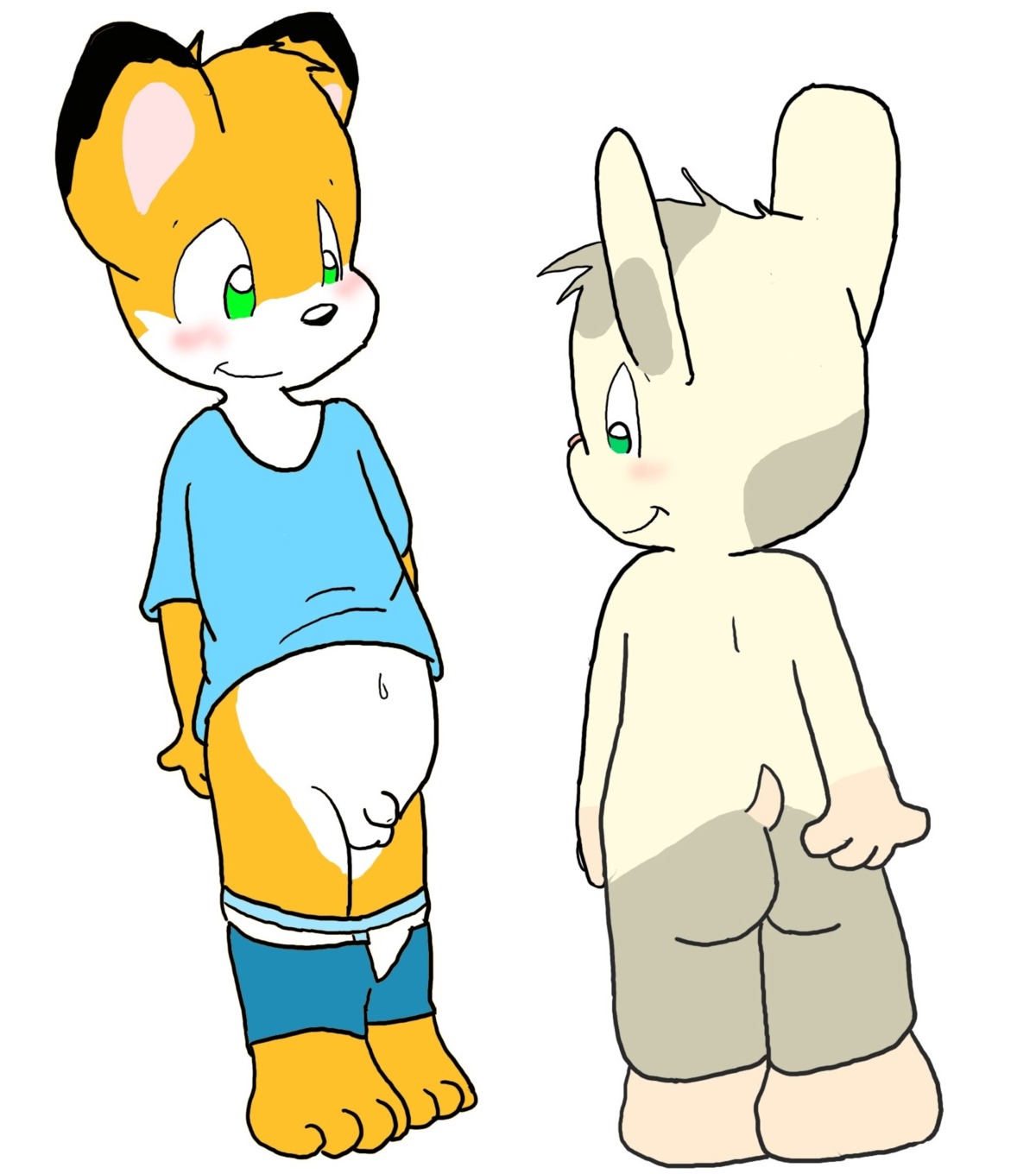 ambiguous_gender anthro balls blush bosky bosky_(character) bottomwear bottomwear_down butt clothed clothing duo e621 flaccid genitals green_eyes hi_res male male/male navel nude pants pants_down partially_clothed penis shota simple_background smile underwear white_background young young_ambiguous young_anthro young_male