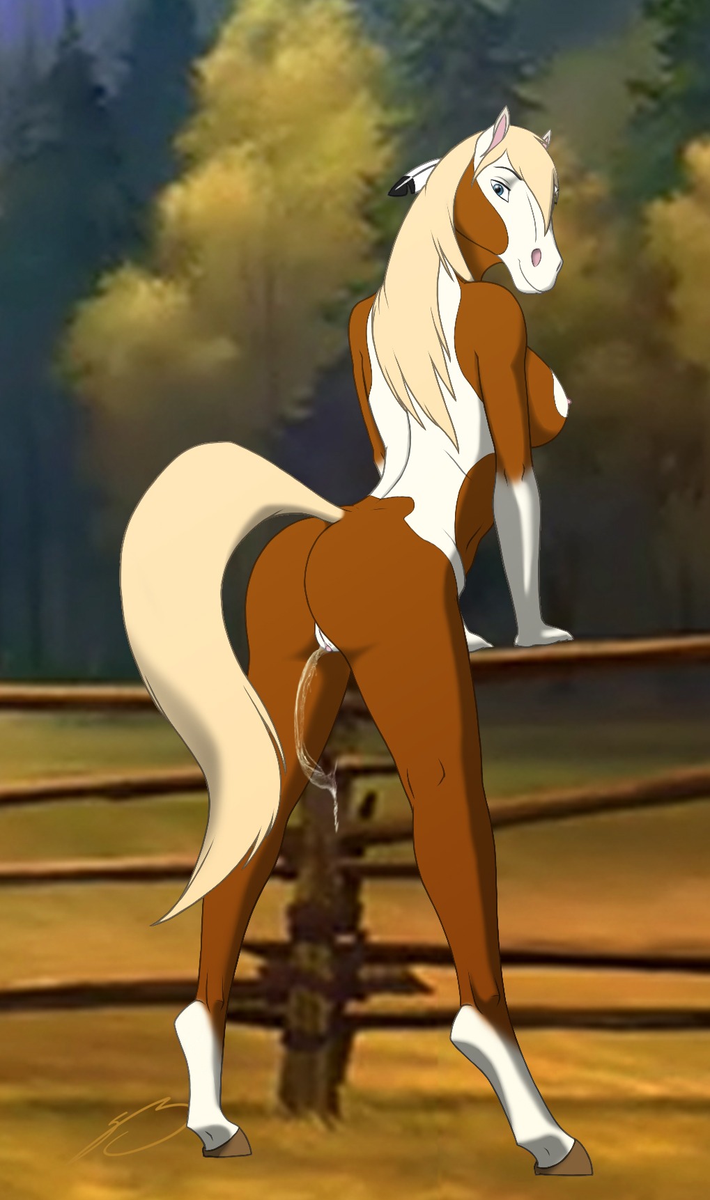 against_fence against_surface anthro anthrofied blue_eyes bodily_fluids breasts butt dreamworks e621 ejaculation equid equine feathers female fence genital_fluids genitals hi_res hooves horse looking_at_viewer looking_back mammal mane nipples nude orgasm pinto_horse pose rain_(cimarron) rear_view side_boob smile solo spirit:_stallion_of_the_cimarron steven_stagg tail vaginal_fluids vaginal_squirting vulva