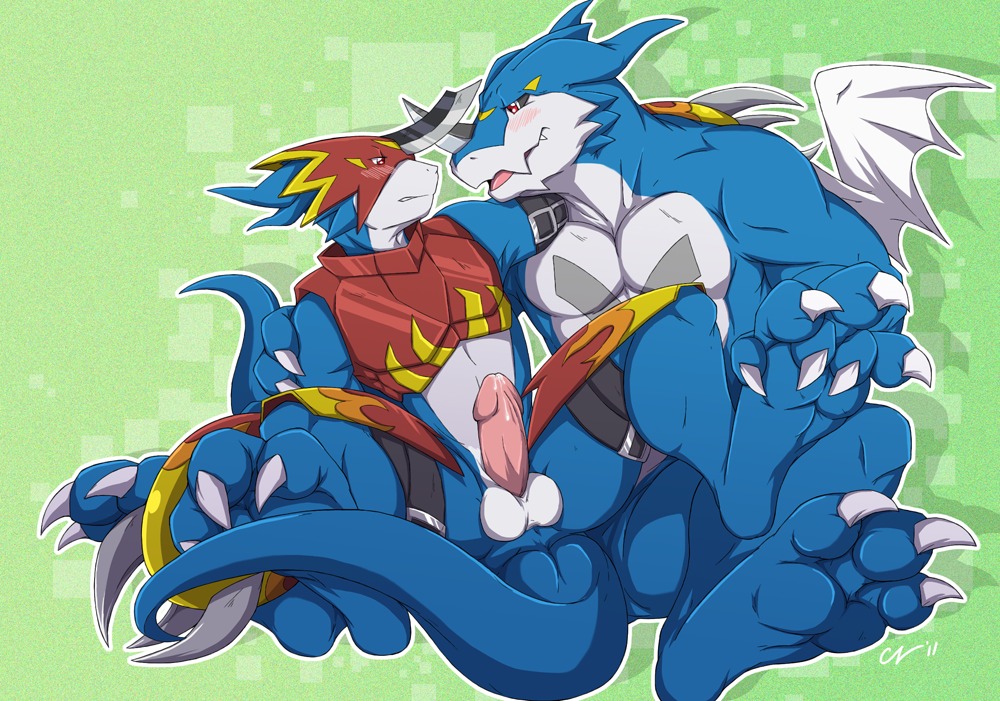 2011 abstract_background anthro armor balls bandai_namco biceps big_muscles big_penis blue_body blue_skin blush claws countershading digimon digimon_(species) duo e621 erection exveemon fangs flamedramon genitals horn level_difference male male/male membrane_(anatomy) membranous_wings muscular muscular_male pecs penis red_eyes romantic romantic_couple sex simple_background spidersnax tail teeth wings