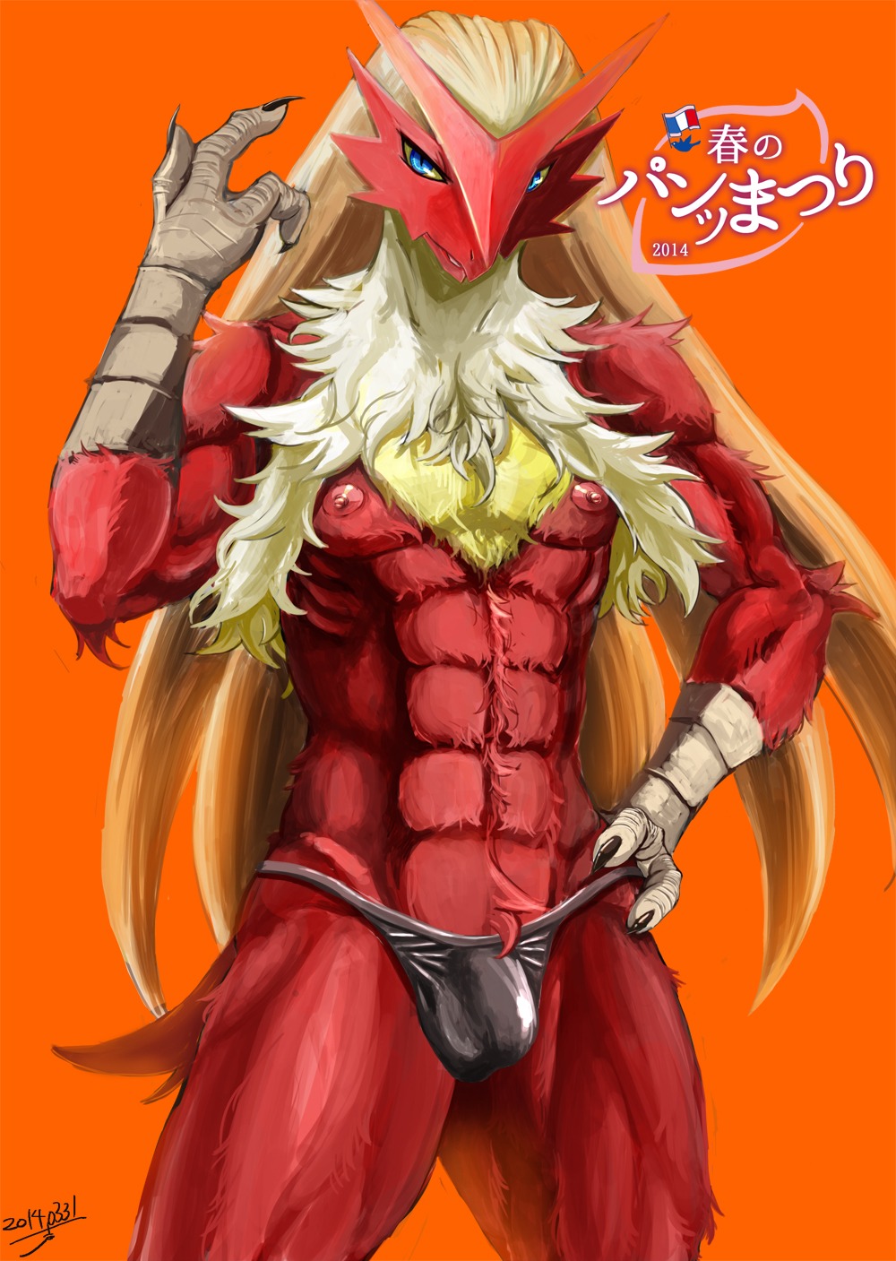 2014 abs anthro avian biceps biped bird blaziken blue_eyes bulge claws clothed clothing detailed_bulge e621 fur generation_3_pokemon genital_outline hair hi_res kkerotix long_hair looking_at_viewer male muscular muscular_anthro muscular_male nintendo nipples orange_background pecs penis_outline pokemon pokemon_(species) red_body red_fur simple_background solo standing thong topless underwear yellow_sclera