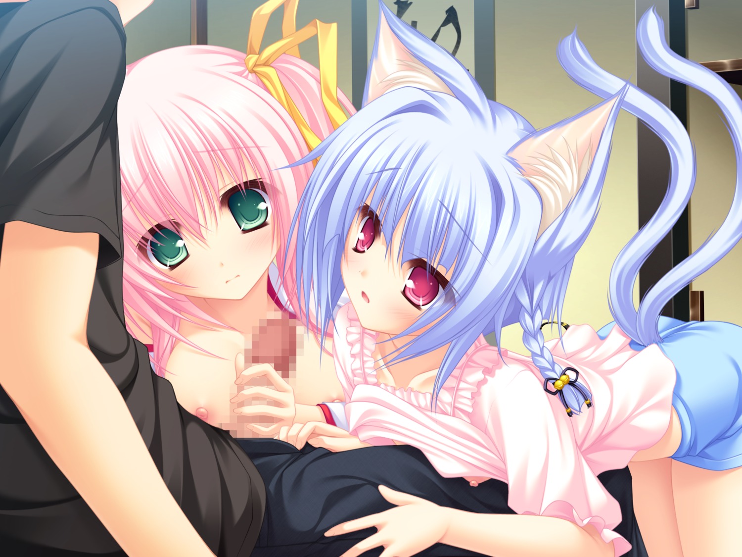 animal_ear blue_hair breasts cat_girl catgirl censored female fur game_cg green_eyes kiryuu_hina male mikagami_mamizu neko_koi nipples penis pink_eyes pink_hair rule34 tail toono_sayaka whirlpool