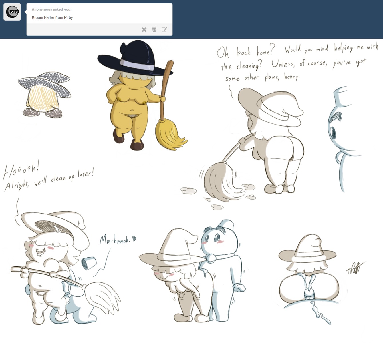 big_butt blush bodily_fluids breasts broom broom_hatter brown_hair butt chilly cleaning_tool clothing cum cum_on_butt dialogue digital_media_(artwork) duo e621 english_text female genital_fluids genitals hair hair_over_eyes hat headgear headwear hi_res kirby_(series) male nintendo pubes shortstack shortstack_female slightly_chubby snowman solo text timoteihiv vulva witch_hat