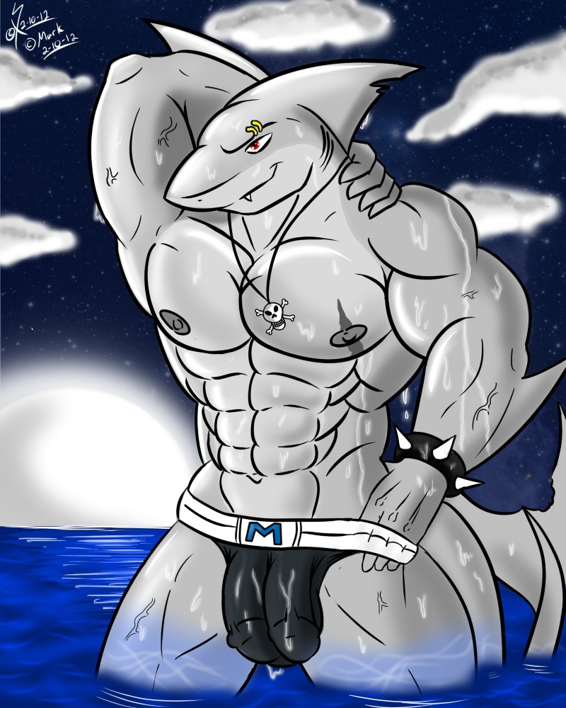 2012 2_penis_outline 4:5 abs anthro aquatic biceps big_muscles bulge clothed clothing detailed_background detailed_bulge e621 eyebrow_piercing eyebrow_ring facial_piercing fish genital_outline great_white_shark grey_body grin jewelry jockstrap mackerel_shark male markshark muscular muscular_anthro muscular_male necklace night nipples non-mammal_nipples outside partially_submerged pecs penis_outline piercing red_eyes ring_piercing saixyuniz-xynz sea seascape shark sky smile solo swimming_in_underwear tail underwear vein water wet white_shark wristband