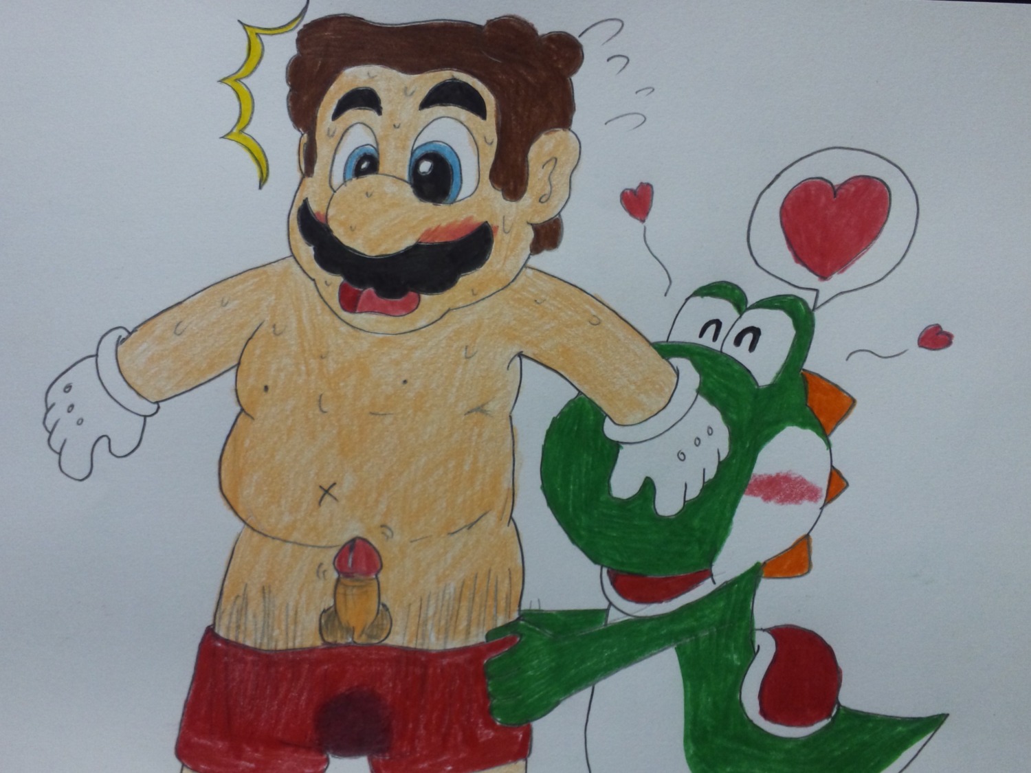 blush clothes color derik_(artist) front_view gloves human interspecies male male_only mario mario_(series) multiple_boys multiple_males nintendo nude penis rule34 tagme yaoi yoshi