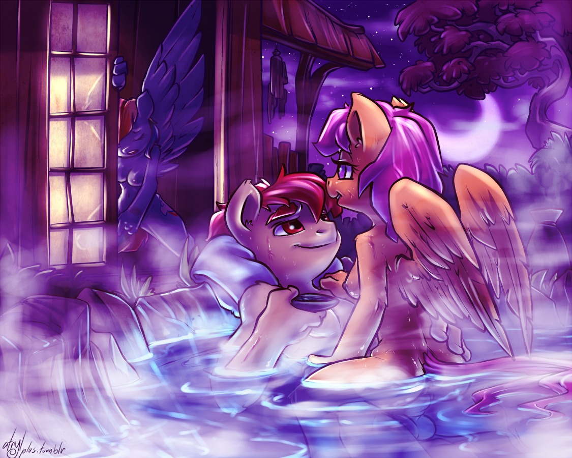 2012 5:4 anthro anthrofied anus atryl balls blue_body blue_feathers blue_fur breasts butt cutie_mark digital_media_(artwork) e621 equid equine erection eyes_closed fan_character feathered_wings feathers female friendship_is_magic from_front_position fur genitals group hair hasbro hot_spring male male/female mammal mastery_position masturbation moon multicolored_hair my_little_pony mythological_creature mythological_equine mythology night nude on_lap on_top orange_body orange_feathers outside partially_submerged pegasus penetration penis purple_eyes purple_theme rainbow_dash_(mlp) rainbow_hair rear_view scootaloo_(mlp) sex side_boob sitting sitting_on_lap steam straddling tail vaginal vaginal_masturbation vaginal_penetration voyeur water wet wing_boner wings