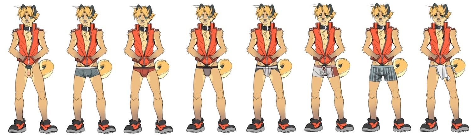 anthro blush bottomless bottomwear boxers_(clothing) canid canine canis clothed clothing collar domestic_dog e621 flaccid footwear genitals hi_res jbcoyote_(artist) kota_(character) loincloth male mammal nude penis shoes solo topwear underwear vest