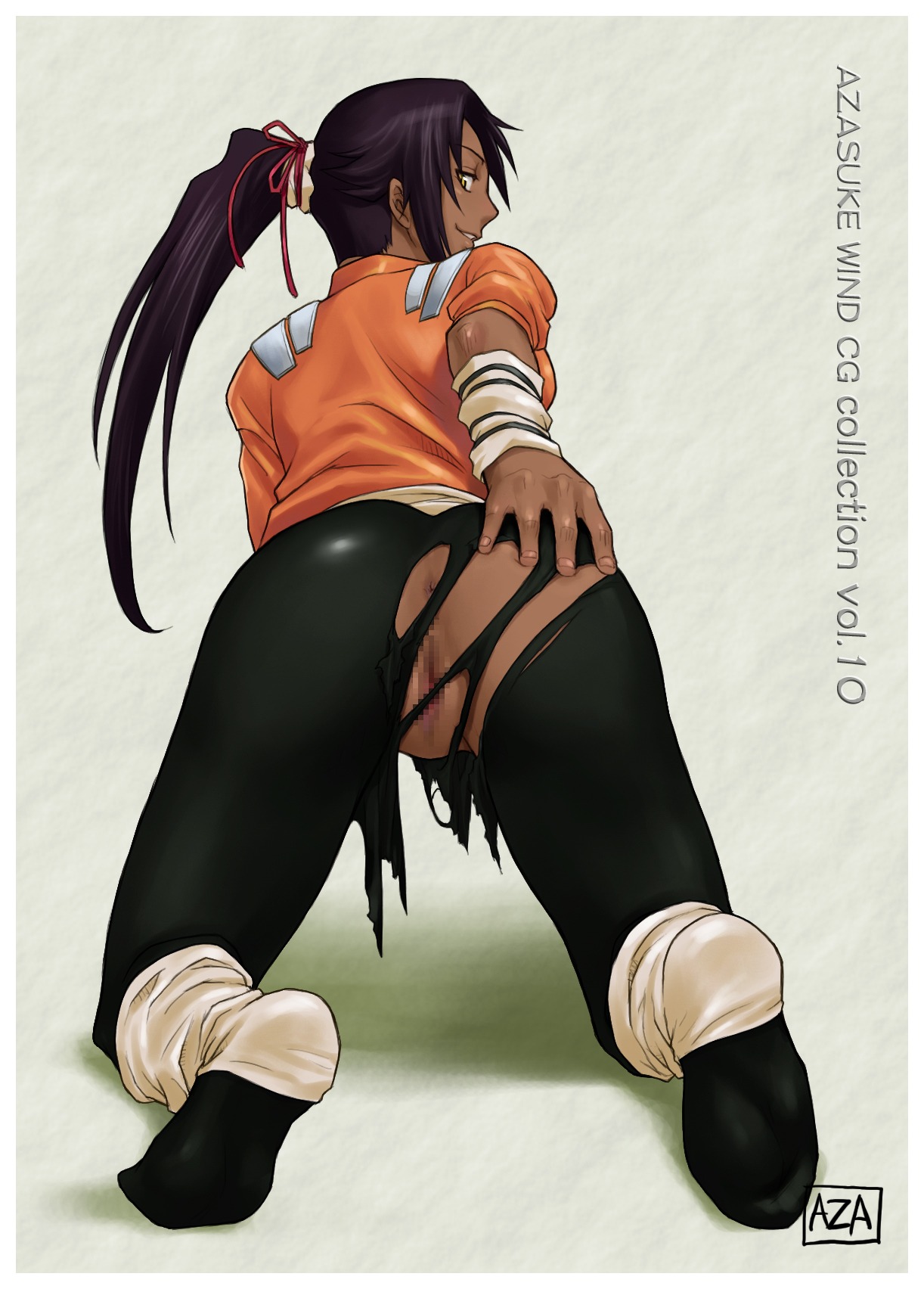 all_fours anus ass ass_grab azasuke bleach censored dark-skinned_female dark_skin female from_behind groping high_resolution latex long_hair looking_back no_panties ponytail purple_hair pussy rule34 shaved_pussy shihouin_yoruichi skin_tight smile solo tied_hair torn_clothes yellow_eyes