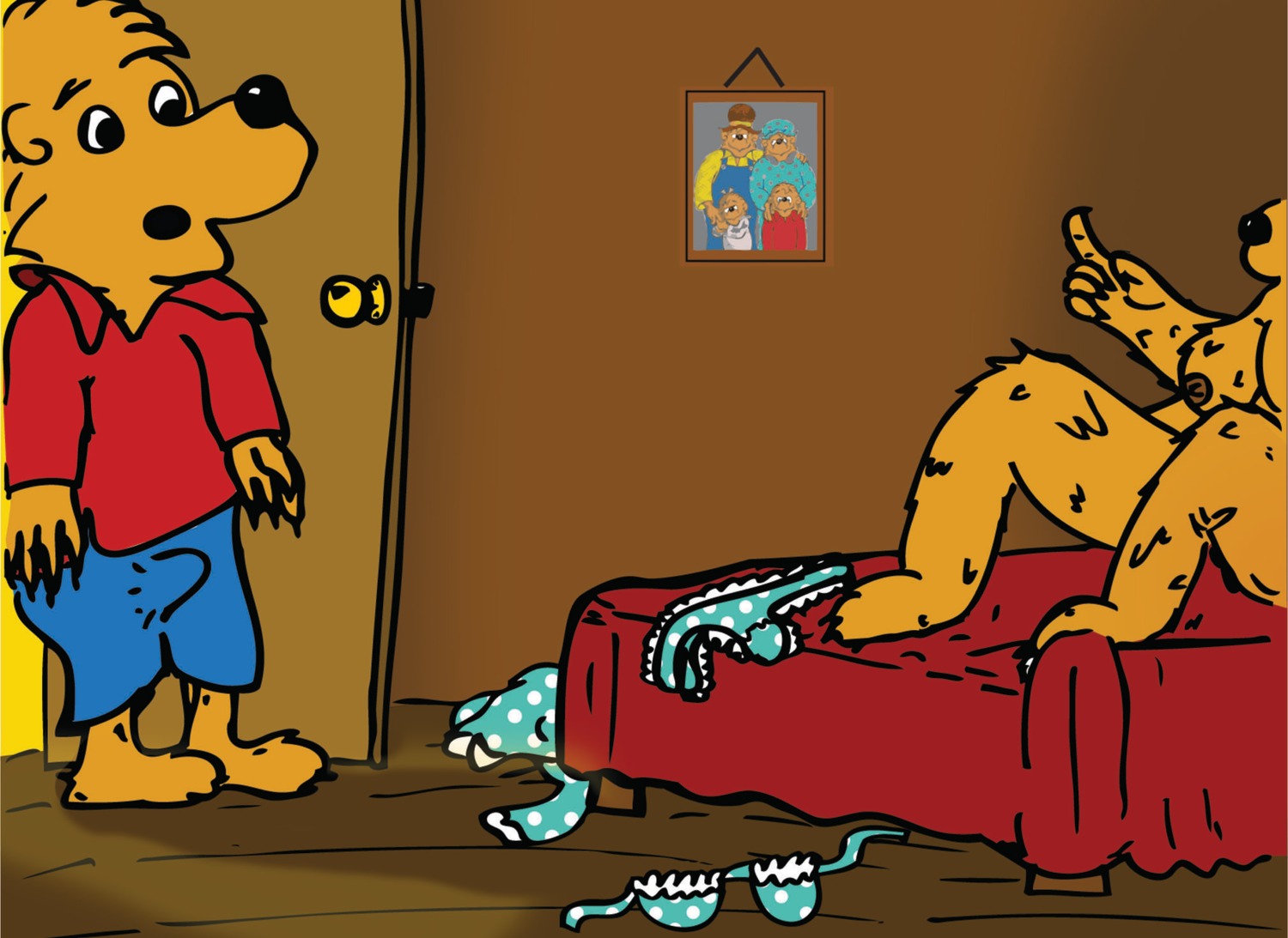 bear bedroom berenstain_bears blue_background bra breasts brother_bear_(character) come_hither erection false_color female imminent_incest imminent_sex inviting mama_bear mammal mother_and_son nipples nude nudity on_bed open_door panties rule34 underwear