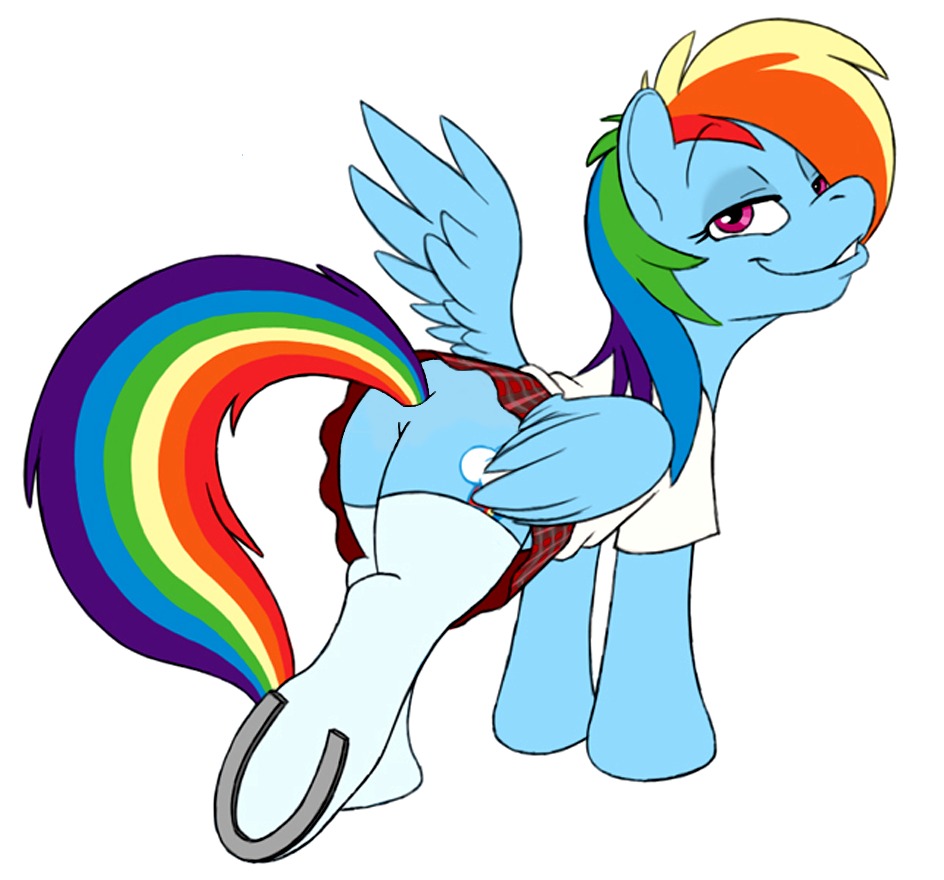 blue_fur clothes equine female female_only feral friendship_is_magic fur hair horse looking_back my_little_pony mythological_creature mythological_equine mythology naughty_face pegasus pony rainbow_dash_(mlp) rule34 seifuku smile solo tagme tail thighhighs white_background wings