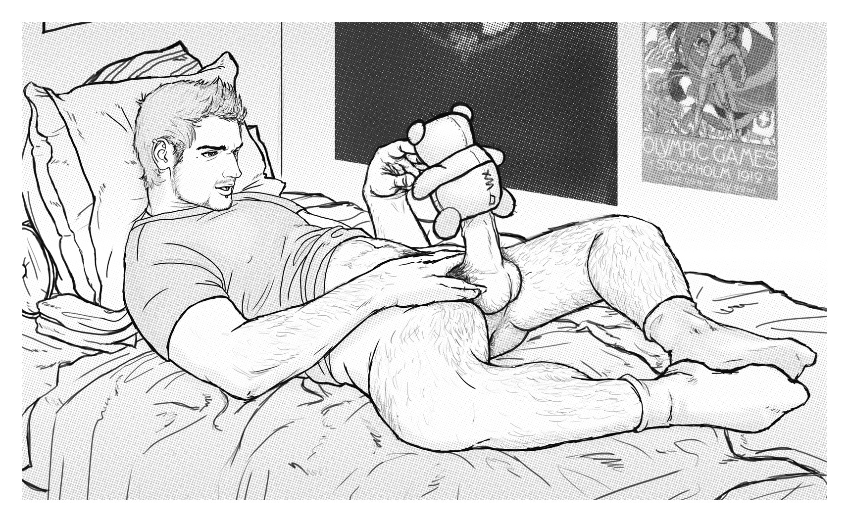 1boy 2010 aged_up balls balls_hair bara body_hair bottomless christopher_robin disney erection facial_hair human knees_apart_feet_together lying_on_back male male_masturbation male_only male_pubic_hair masturbation monochrome muscles nickie_charles on_bed partially_clothed penis pooh_bear pubic_hair rule34 sex_toy shirt_up socks solo spread_legs stuffed_animal testicles winnie_the_pooh_(franchise) yaoi