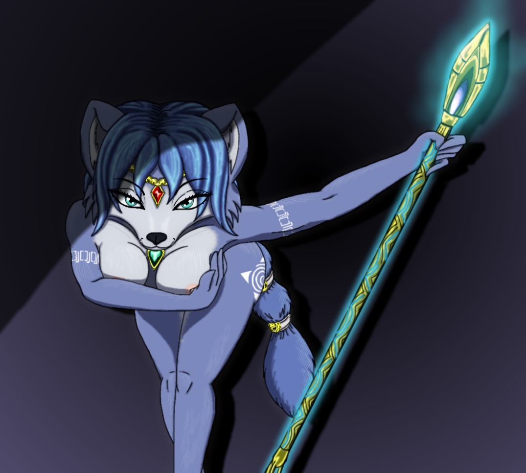 anthro bent_over bindi black_nose blue_fur blue_hair breasts closed_mouth color female female_only fox front_view fur furry furry_breasts furry_ears furry_tail glowing hair holding jewelry krystal krystal's_staff looking_at_viewer moltsi nintendo nude open_eyes pendant pointy_ears rule34 short_hair solo staff star_fox tail teal_eyes white_fur