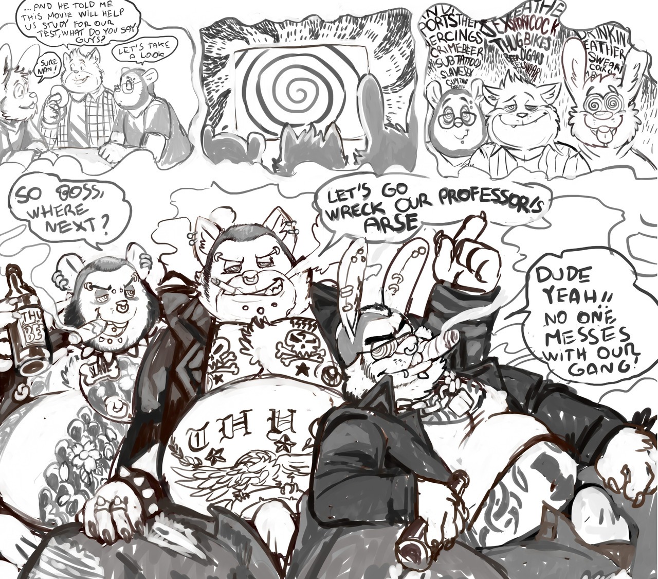 anthro anthro_on_anthro beard blazingcheecks bulge cigar cigarette collar dialogue domestic_cat e621 ear_piercing english_text facial_hair felid feline felis group hob hypnosis lagomorph leporid male male/male mammal mind_control mouse murid murine nipple_piercing nipples open_mouth open_smile overweight overweight_male piercing rabbit ringed_eyes rodent smile smoke smoking speech_bubble spiked_collar spikes spiral spiral_eyes tarketto text tongue tongue_out
