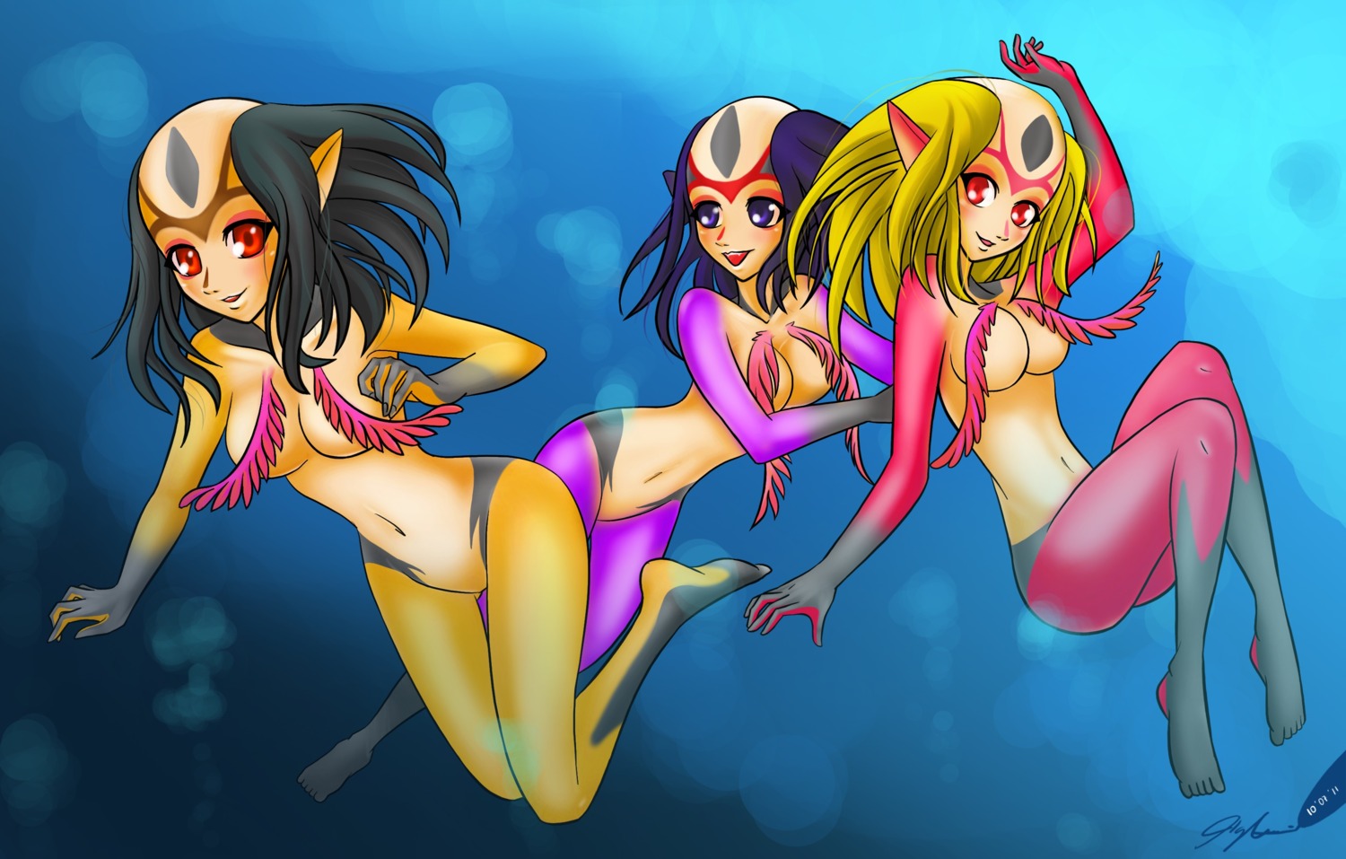 3girls blue_submarine_no._6 breasts curvy female grey_hair humanoid long_hair looking_at_viewer marine migs308 miguel_iglesias monster_girl mutio mutio_twins pointy_ears red_eyes rule34 trio underwater wide_hips