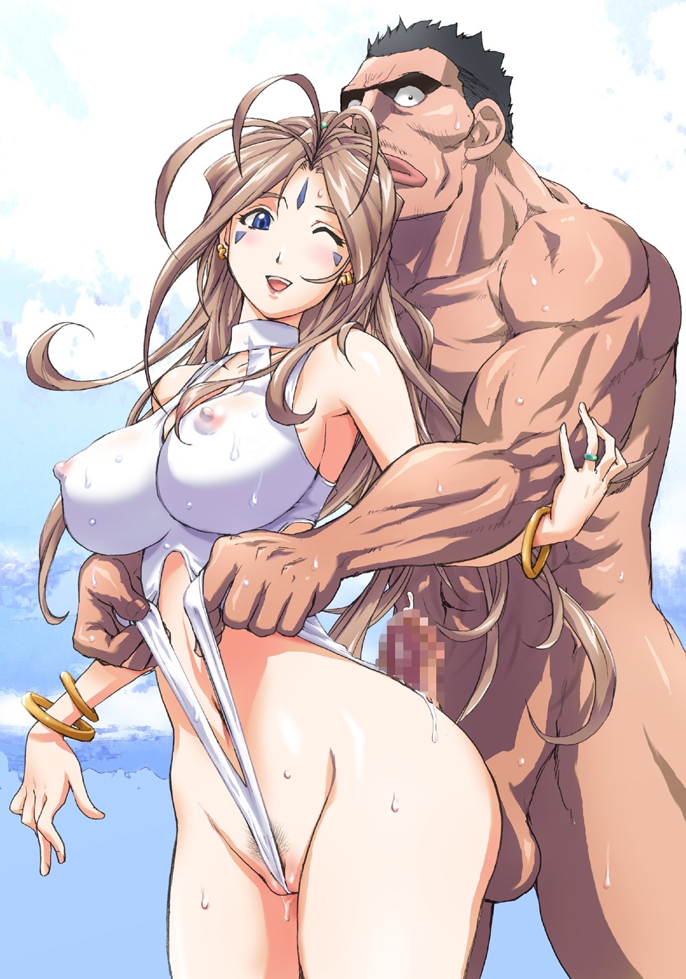 1boy 1girls antenna_hair ass assjob belldandy between_labia big_breasts blue_eyes bracelet breasts brown_hair buttjob censored cheating cum earrings ejaculation erect_nipples erect_nipples_under_clothes erection facial_mark female female_focus forehead_mark goddess grinding happy_sex highleg highres huge_breasts innie_pussy jewelry konkitto large_breasts light-skinned_female light_skin lips lipstick long_hair male medium_breasts muscles nipple_bulge nipples ntr nude oh_my_goddess! one-piece one-piece_swimsuit outercourse pale-skinned_female pale_skin penis pubic_hair pussy pussy_juice ring rule34 see-through see-through_swimsuit sky straight sweat swimsuit tamiya_toraichi thick_thighs very_long_hair wedgie white_swimsuit wide_hips wink