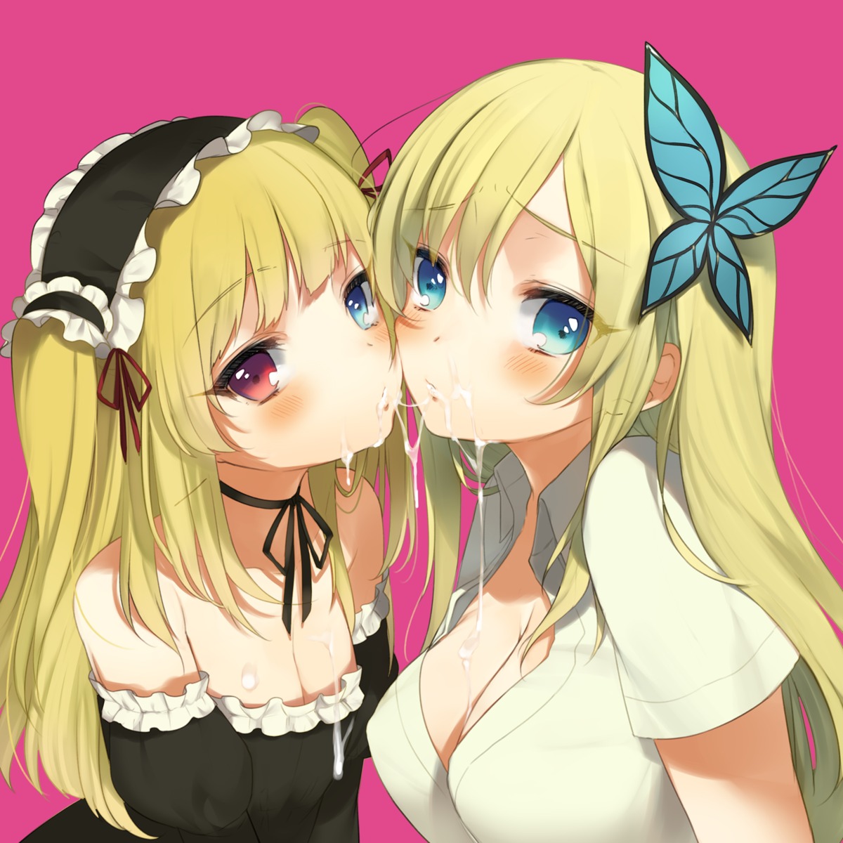 age_difference bare_shoulders blonde_hair blue_eyes blush boku_wa_tomodachi_ga_sukunai breasts butterfly_hair_ornament cleavage color cum cum_bridge cum_on_face cum_string cumdrip facial female gothic_lolita hair_ornament hairband hasegawa_kobato heterochromia highres human kashiwazaki_sena kippu large_breasts lolita_fashion lolita_hairband lolita_headband long_hair multiple_females multiple_girls pink_background red_eyes ribbon_choker rule34 simple_background tied_hair twintails two_side_up