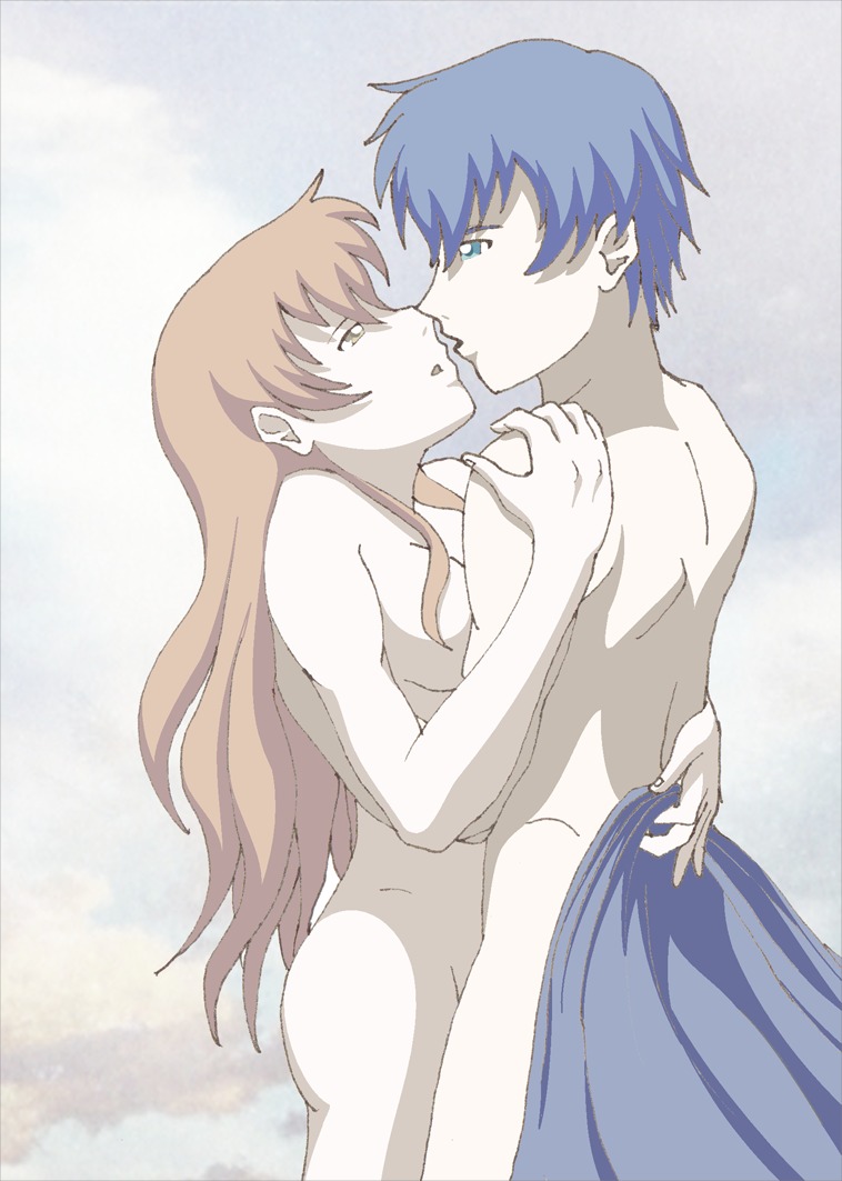 1boy 1girls ass blue_eyes blue_hair bottomless breasts brown_hair female human human_only juliet_fiammatta_ars_de_capulet light_skin long_hair male nude nudity open_mouth romeo_candorebanto_de_montague romeo_x_juliet rule34 short_hair skin standing straight