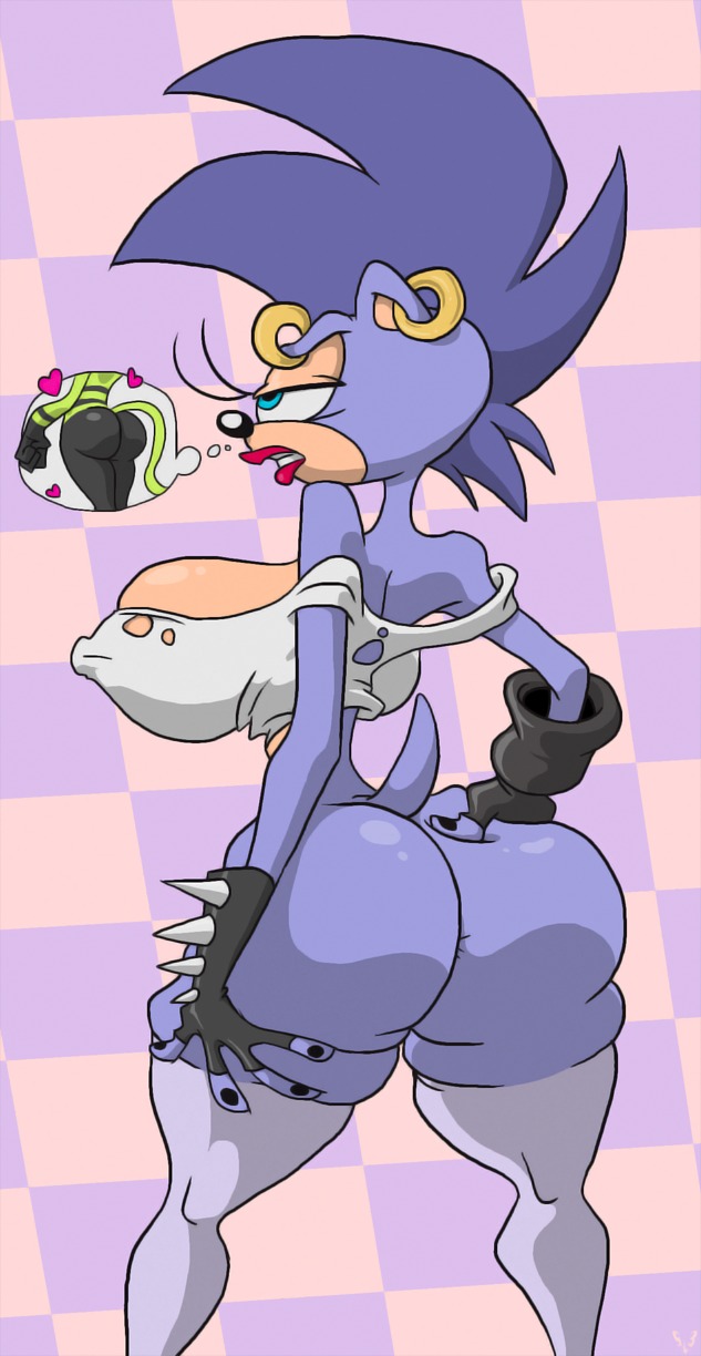anthro anus big_breasts big_butt biped blue_eyes blue_hair bottomless breasts butt clothed clothing e621 ear_piercing eulipotyphlan female frown gloves gusty_the_hedgehog_(slb) hair handwear heart_symbol hedgehog hi_res huge_butt mammal mohawk nipple_outline piercing sega slb solo sonic_the_hedgehog_(series) torn_clothing